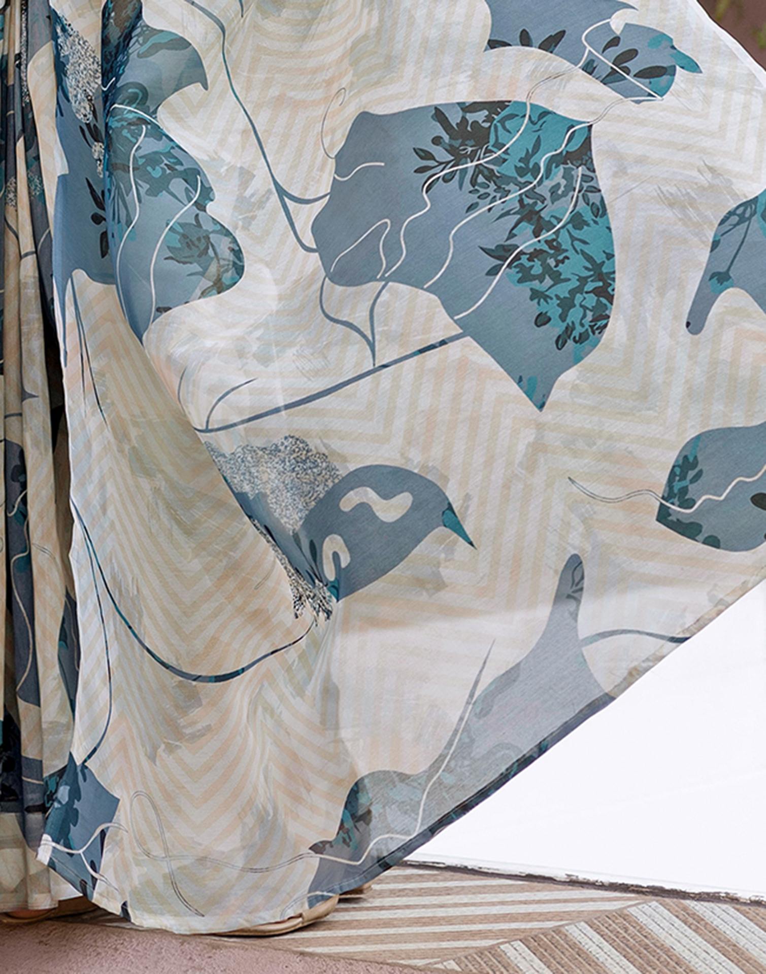 Off White Shimmer Silk Printed Saree