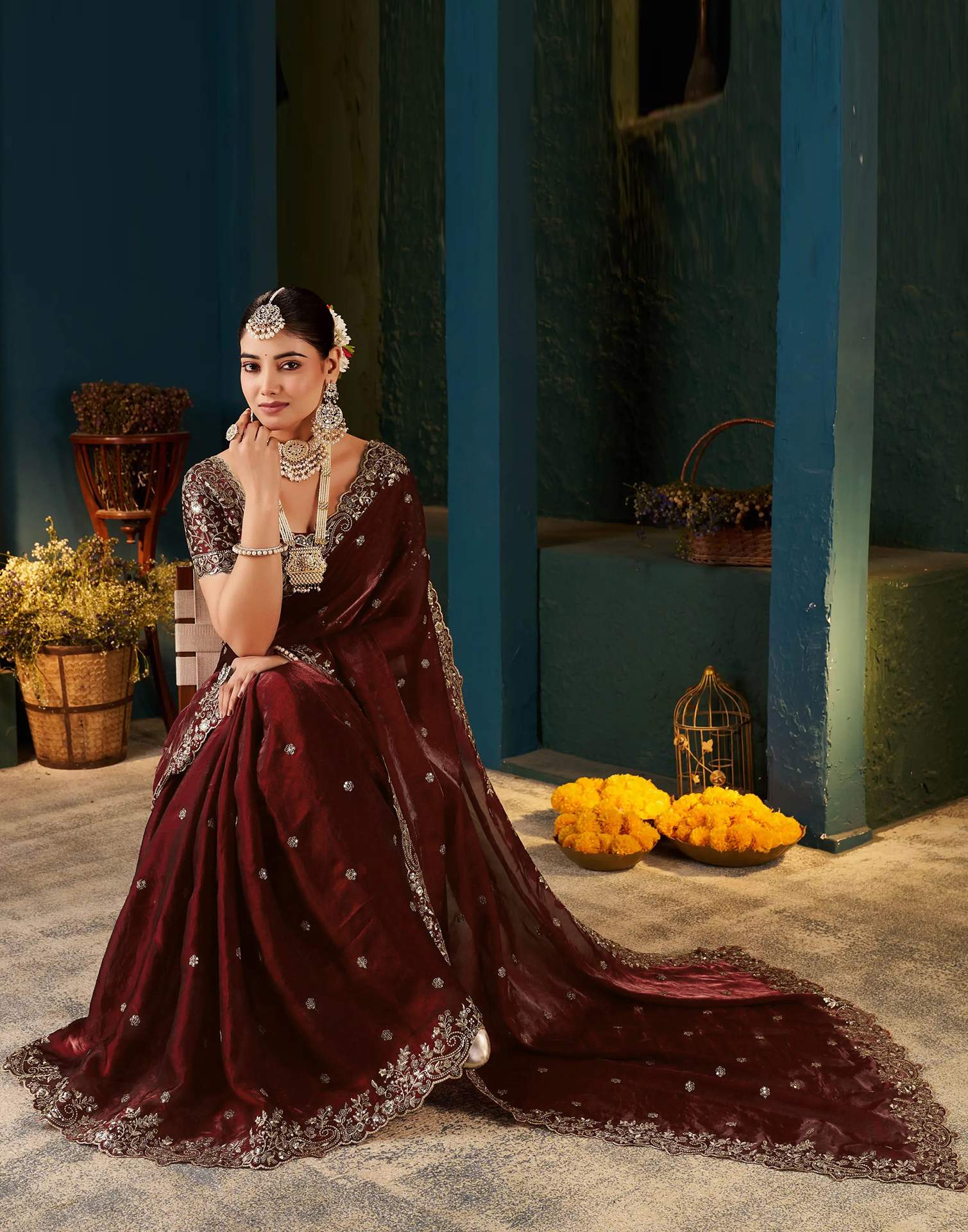 Maroon Tissue Satin Sequence Embroidery Saree