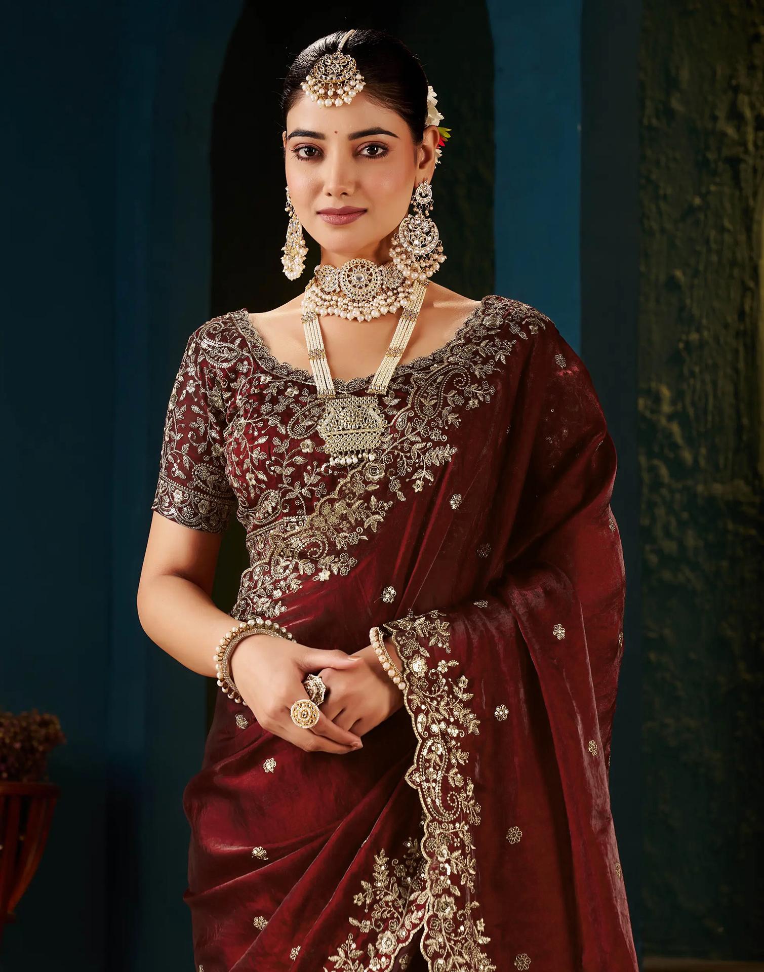 Maroon Tissue Satin Sequence Embroidery Saree