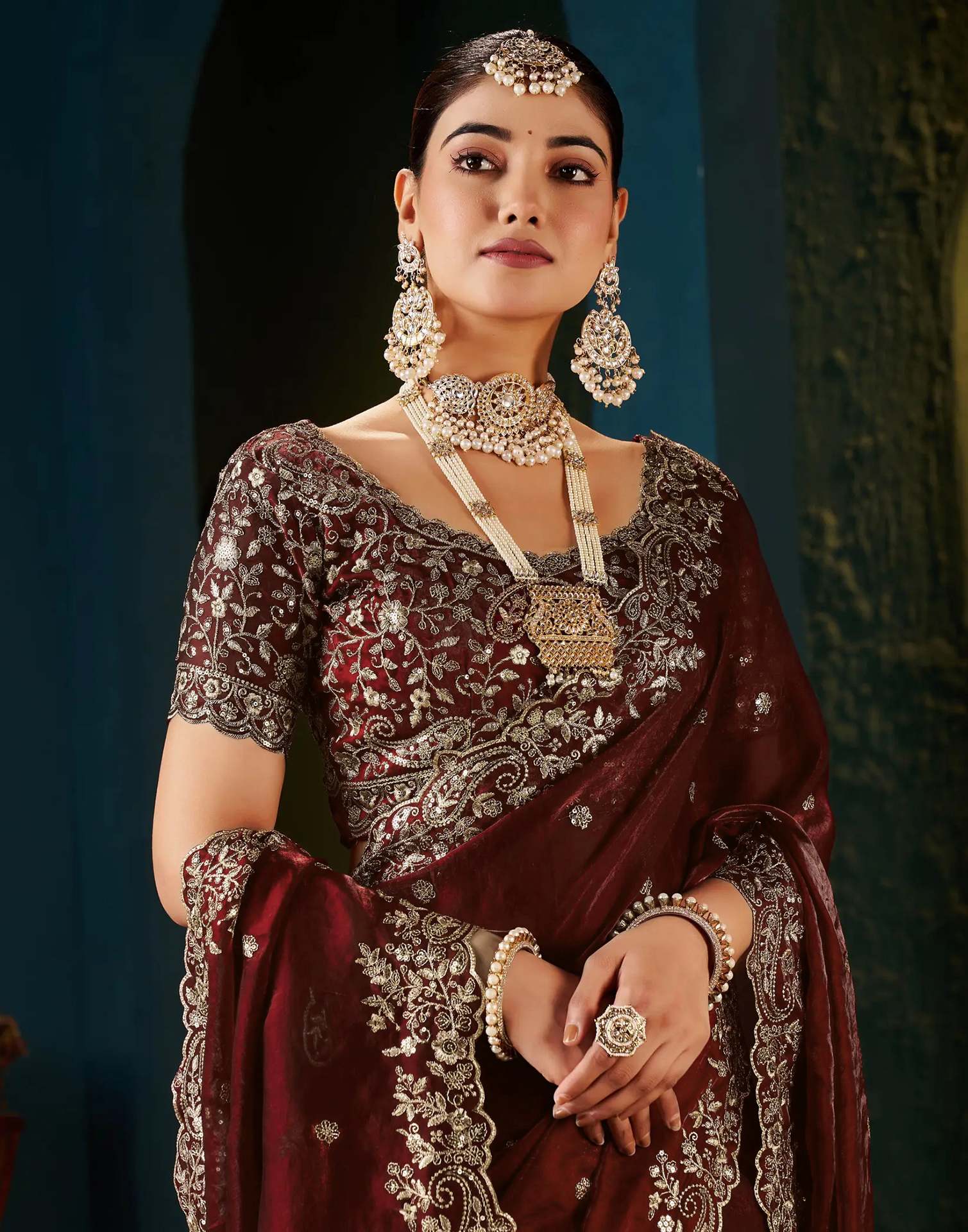 Maroon Tissue Satin Sequence Embroidery Saree