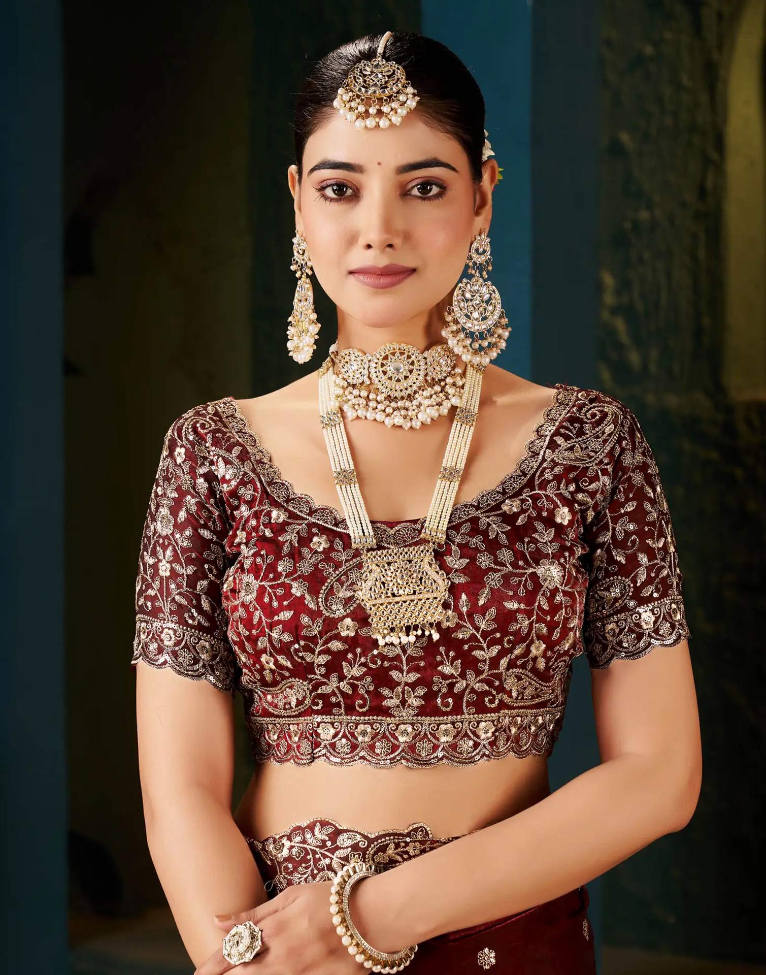 Maroon Tissue Satin Sequence Embroidery Saree