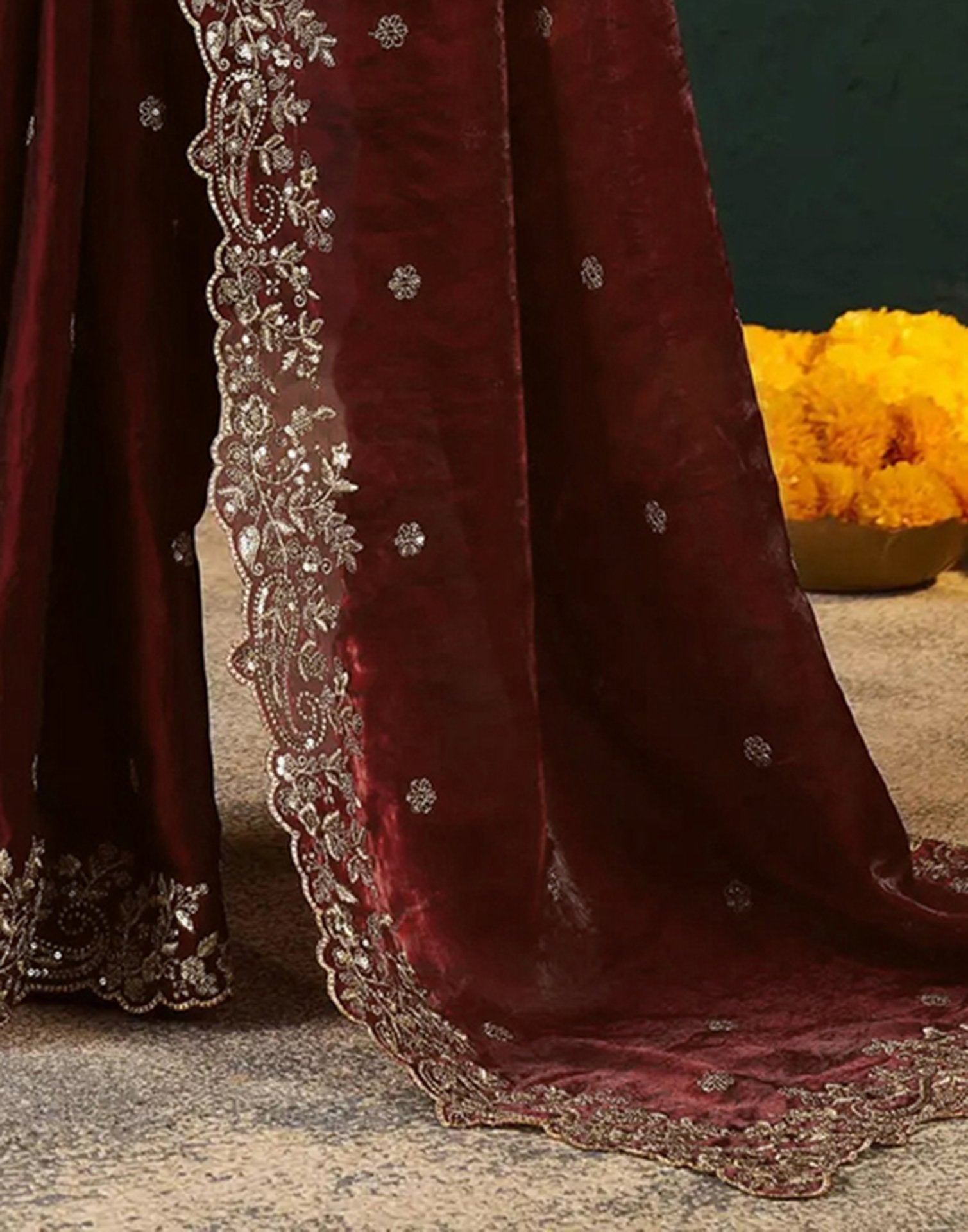 Maroon Tissue Satin Sequence Embroidery Saree
