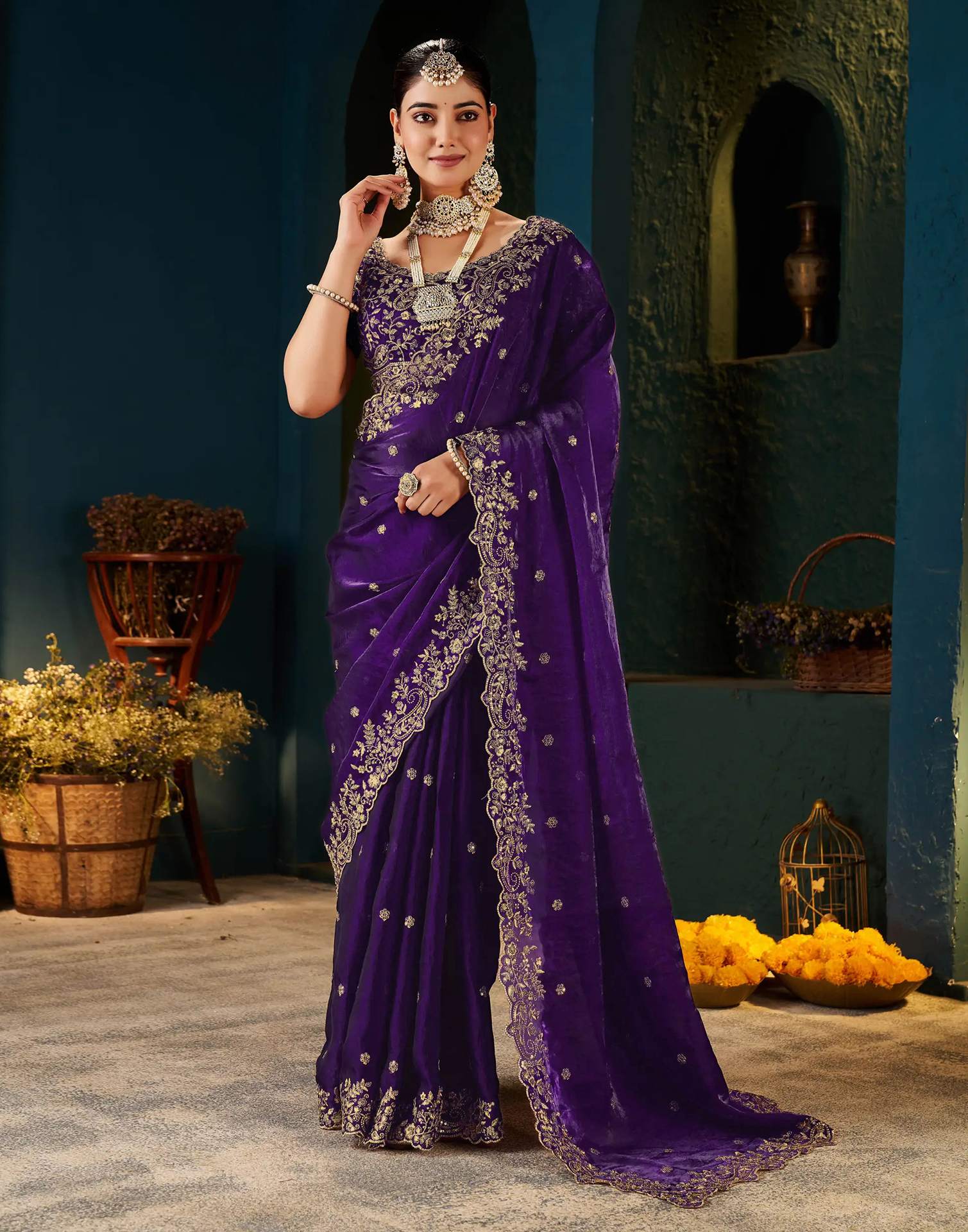 Purple Tissue Satin Sequence Embroidery Saree