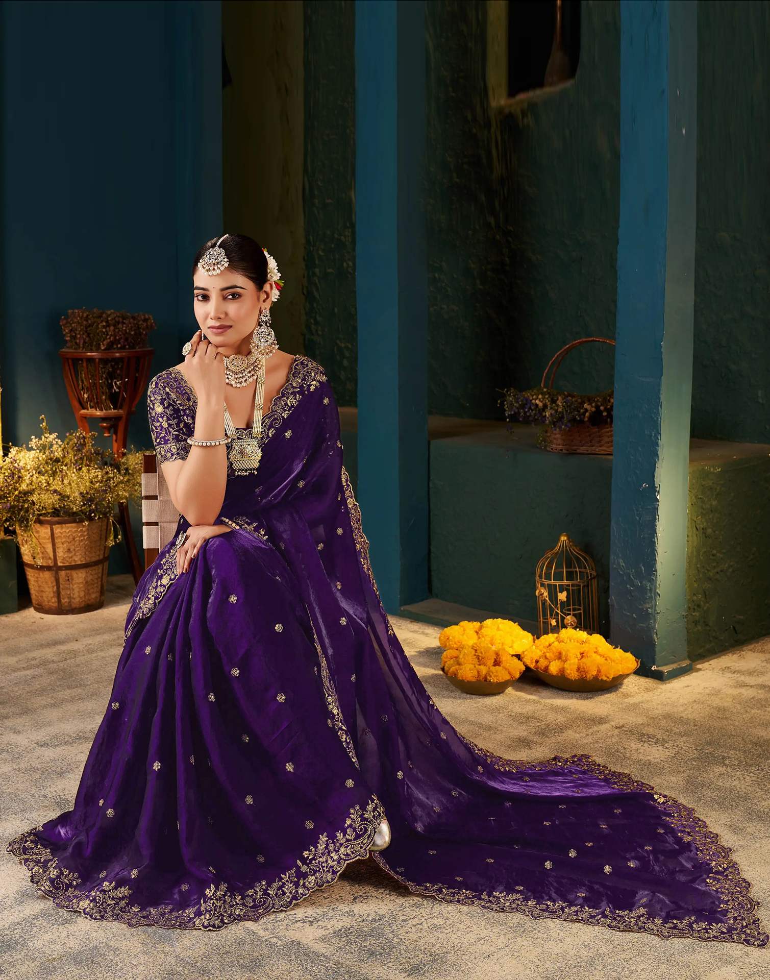 Purple Tissue Satin Sequence Embroidery Saree