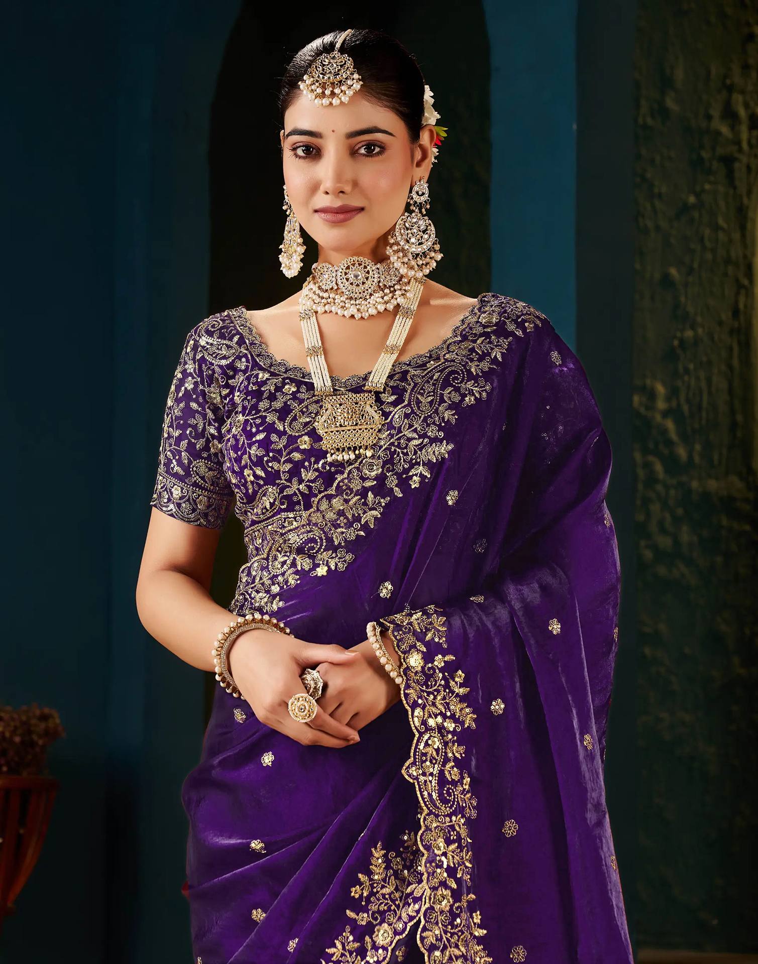 Purple Tissue Satin Sequence Embroidery Saree