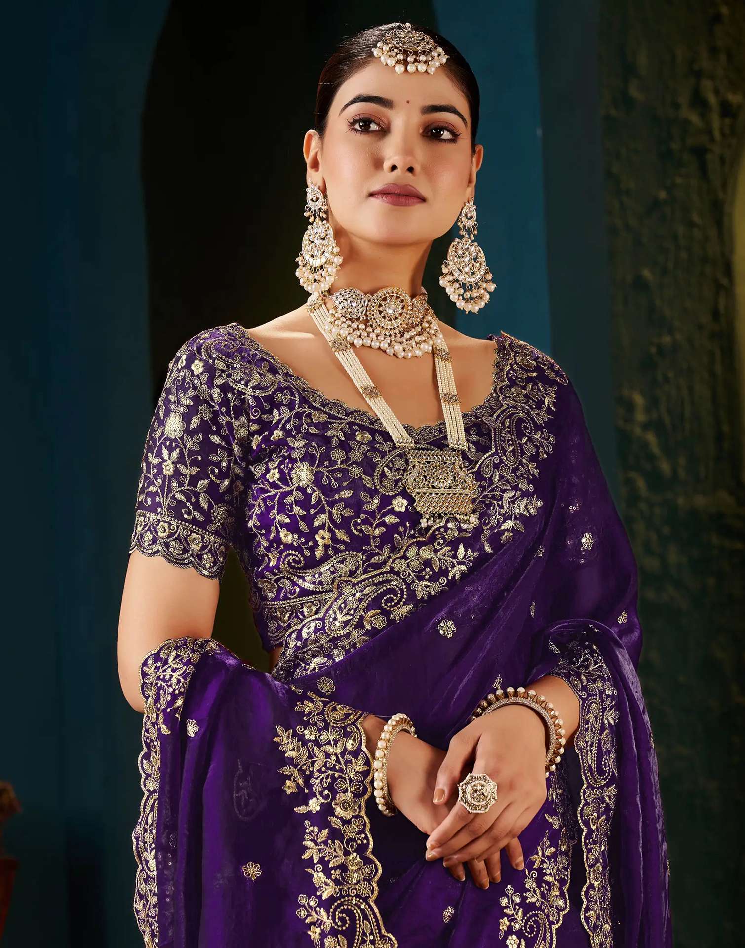 Purple Tissue Satin Sequence Embroidery Saree