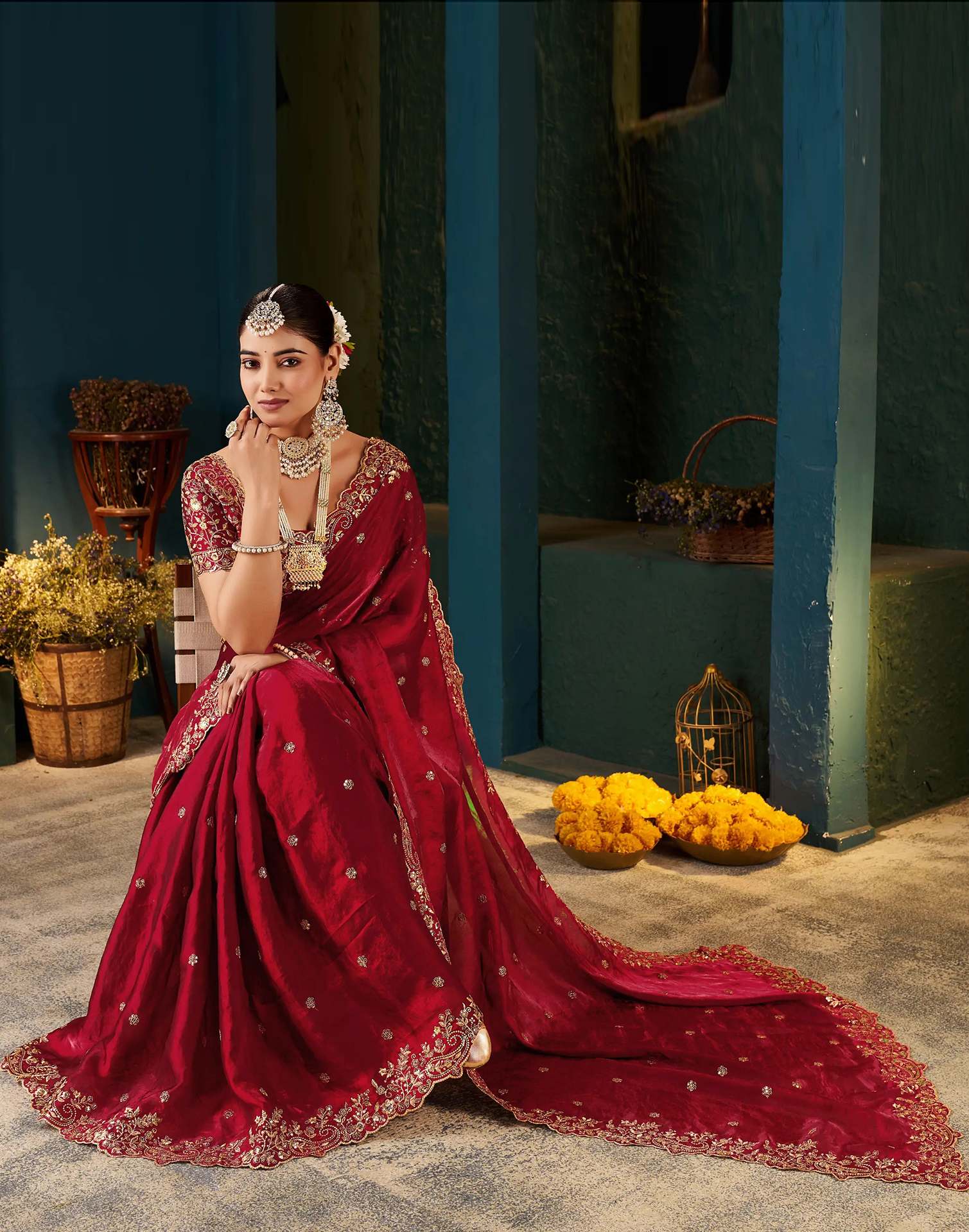 Red Tissue Satin Sequence Embroidery Saree