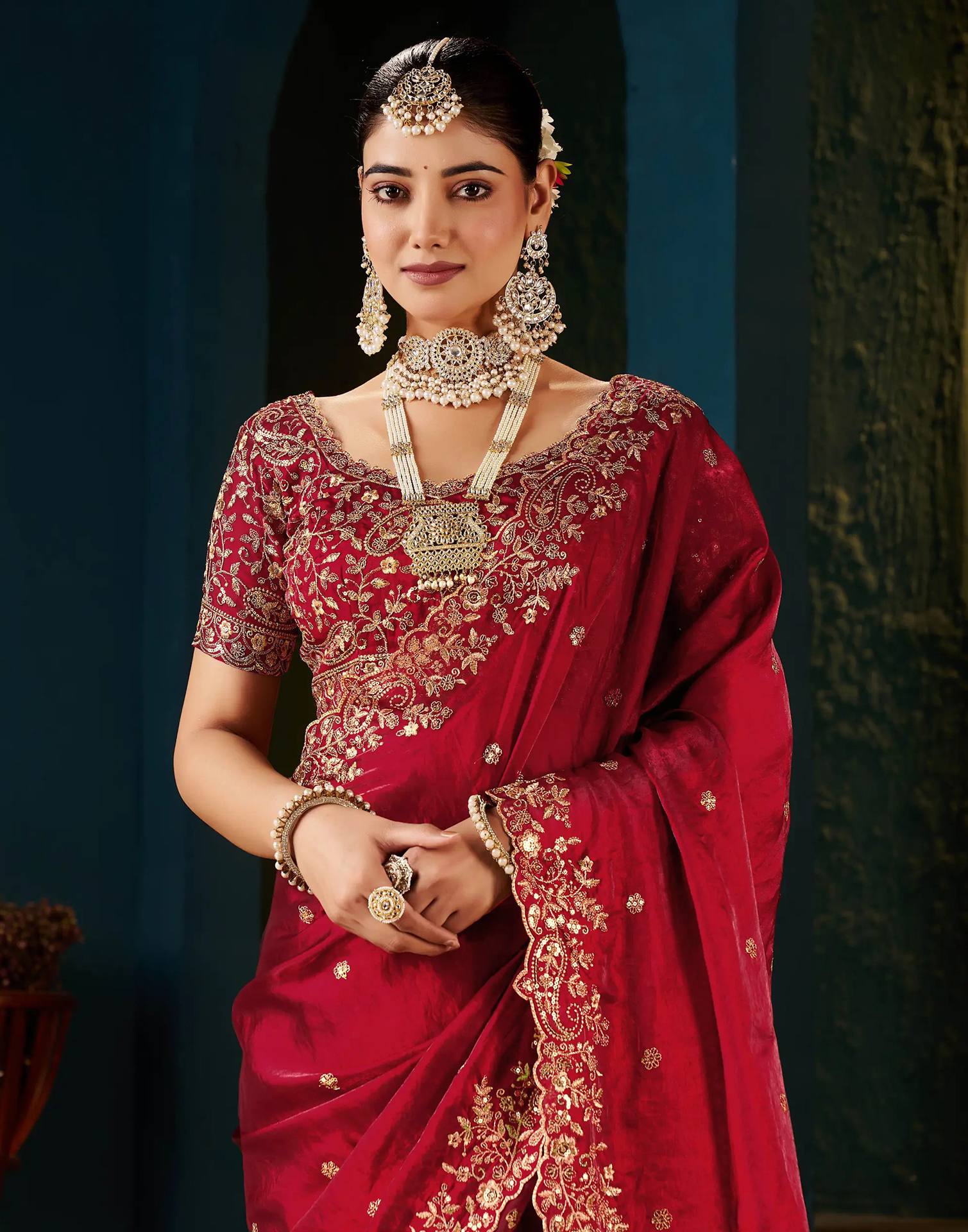 Red Tissue Satin Sequence Embroidery Saree