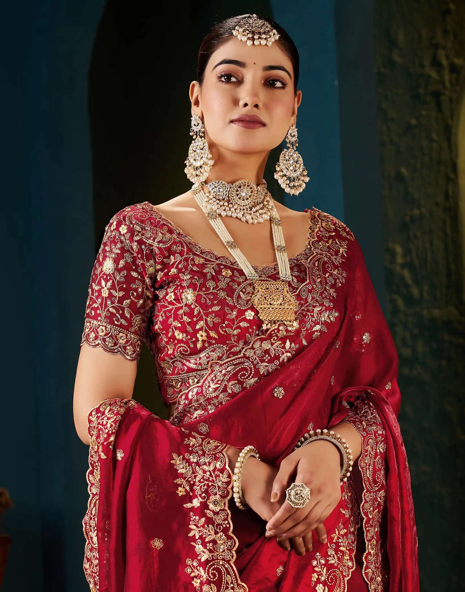Red Tissue Satin Sequence Embroidery Saree