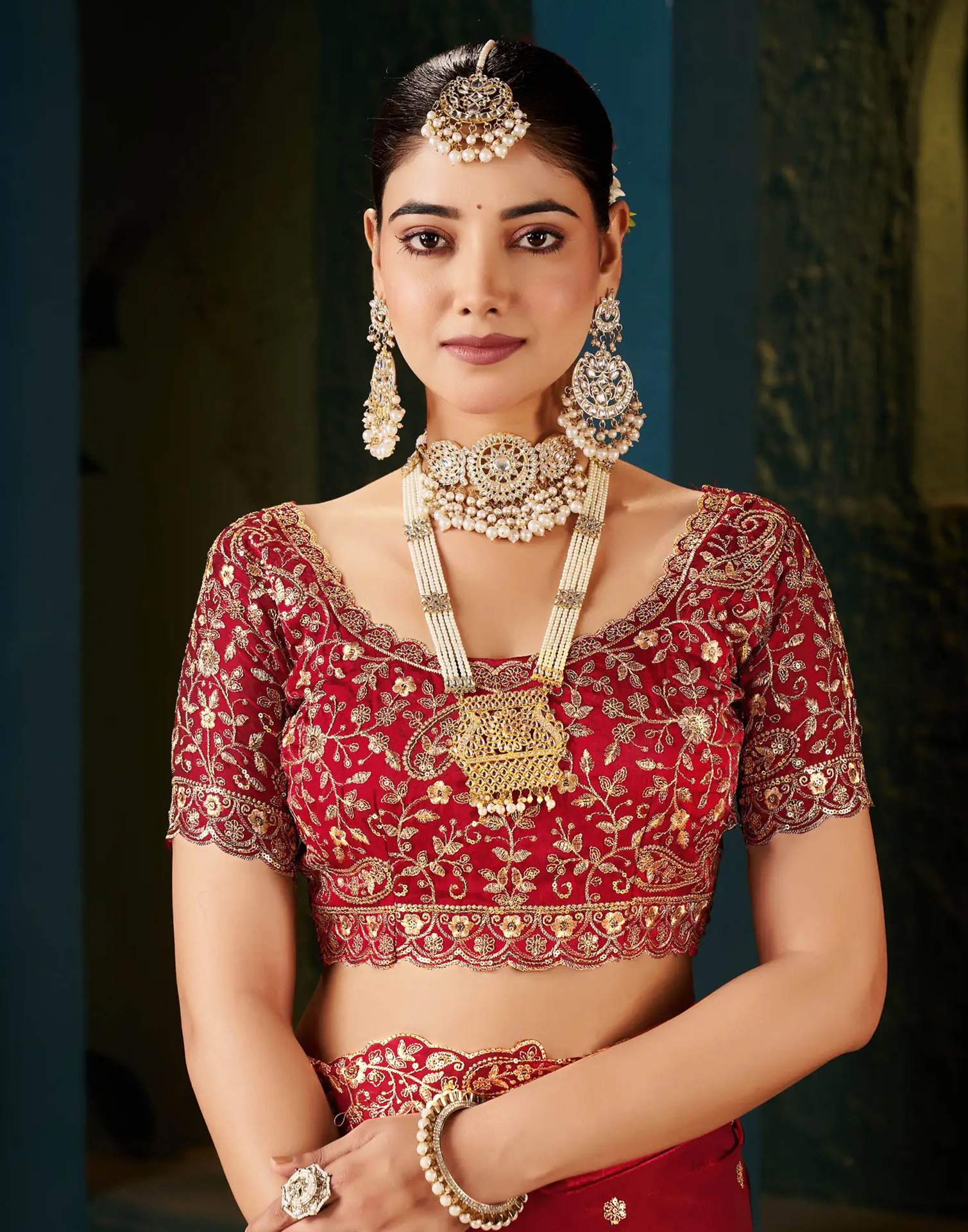 Red Tissue Satin Sequence Embroidery Saree