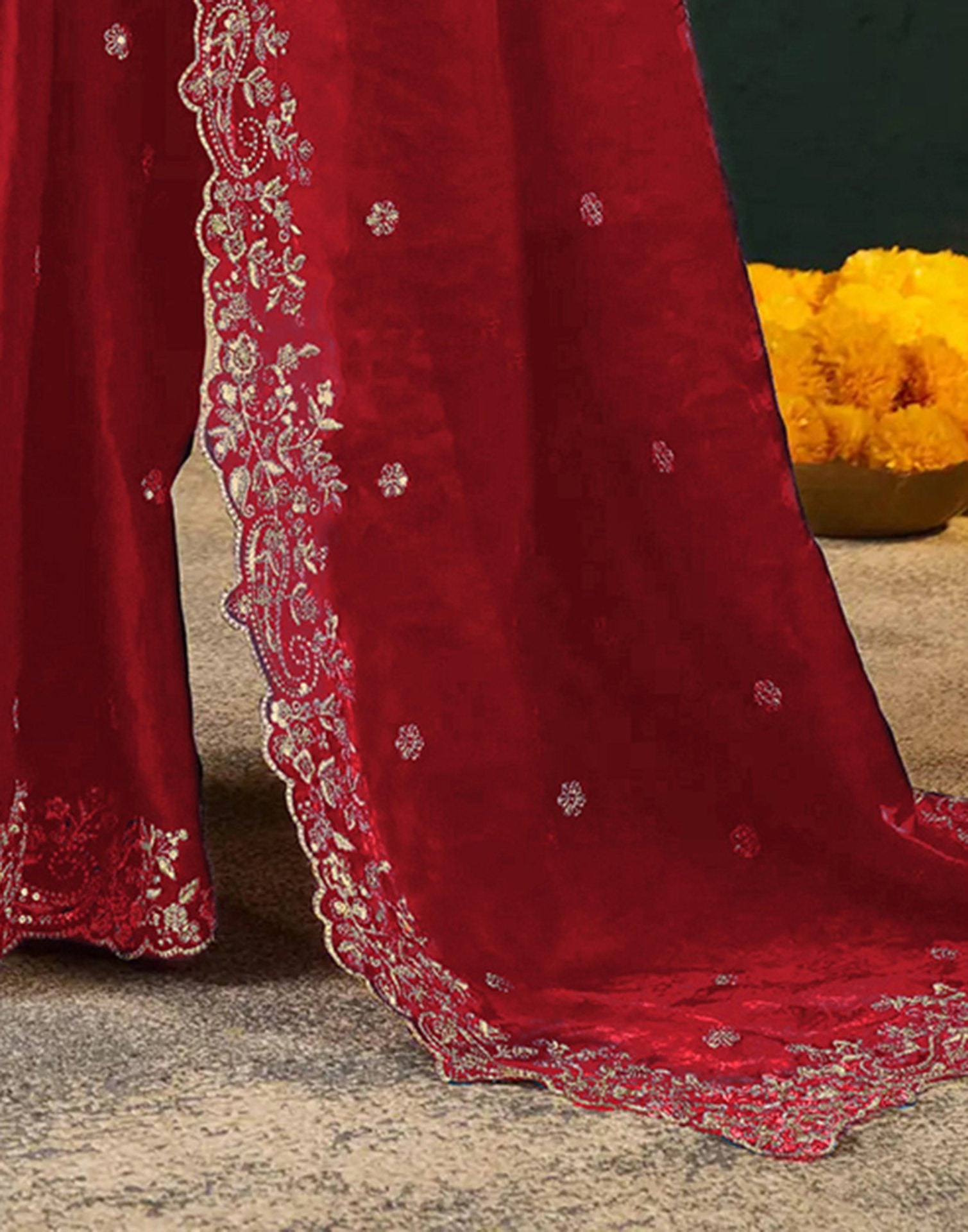 Red Tissue Satin Sequence Embroidery Saree
