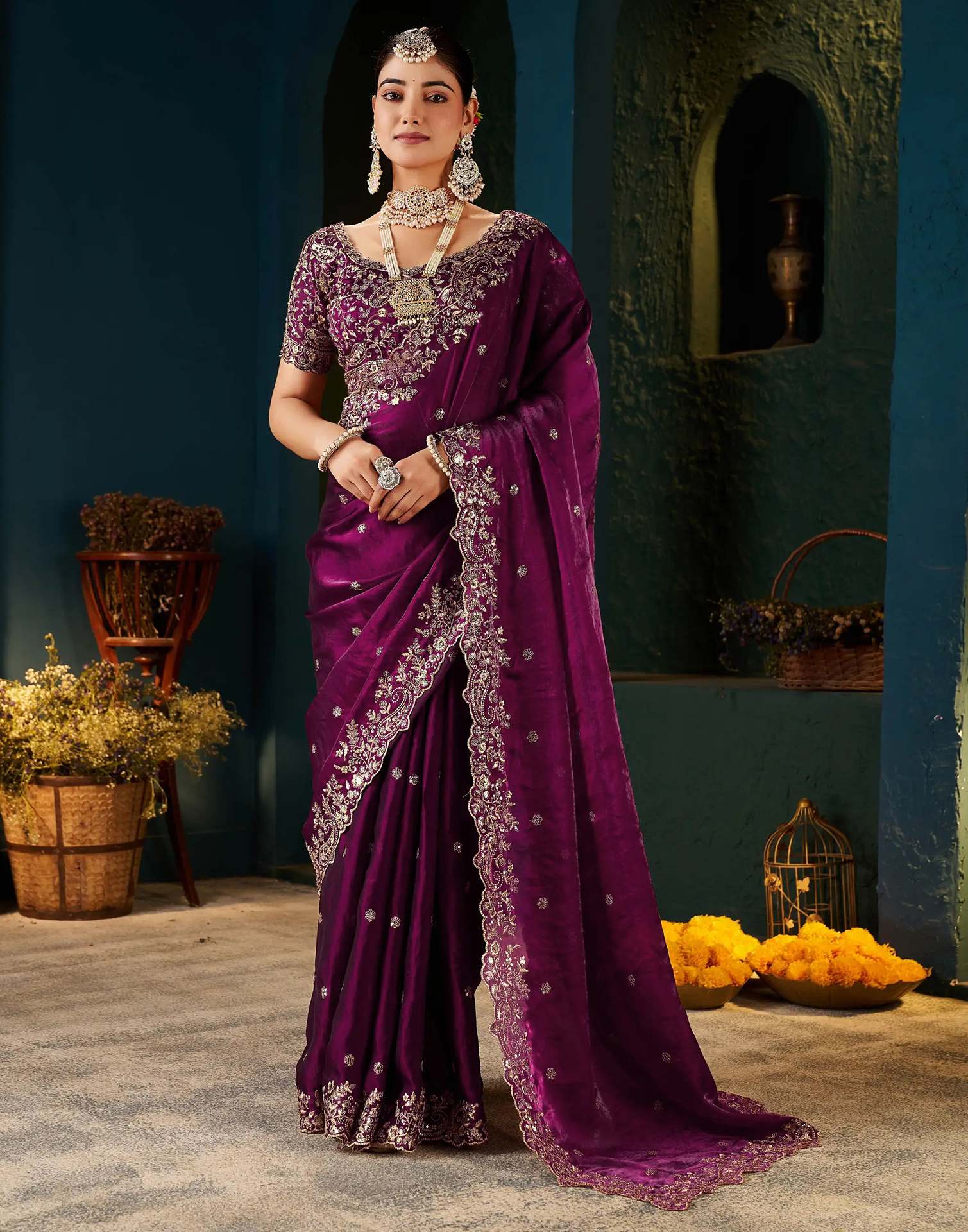 Wine Tissue Satin Sequence Embroidery Saree