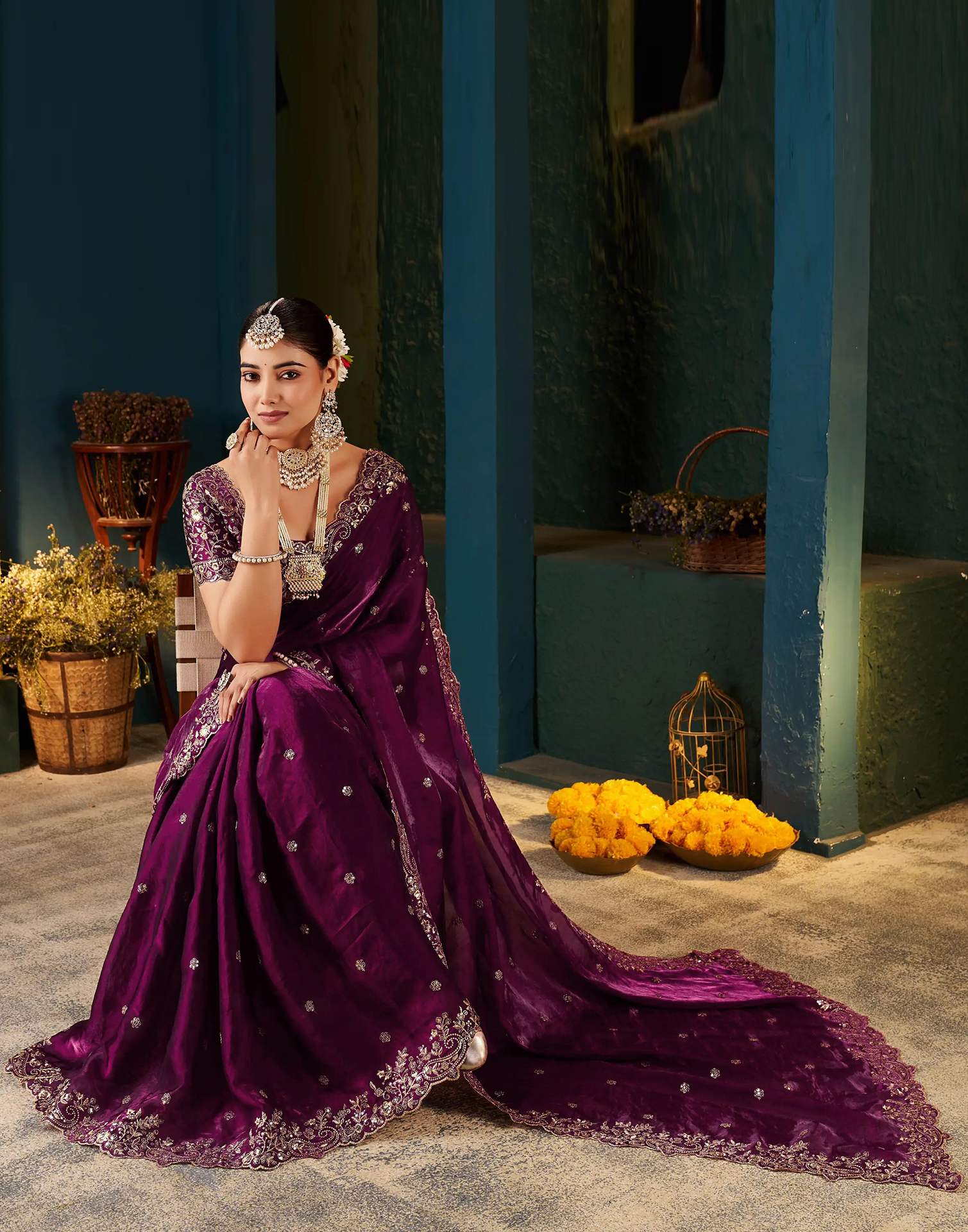Wine Tissue Satin Sequence Embroidery Saree