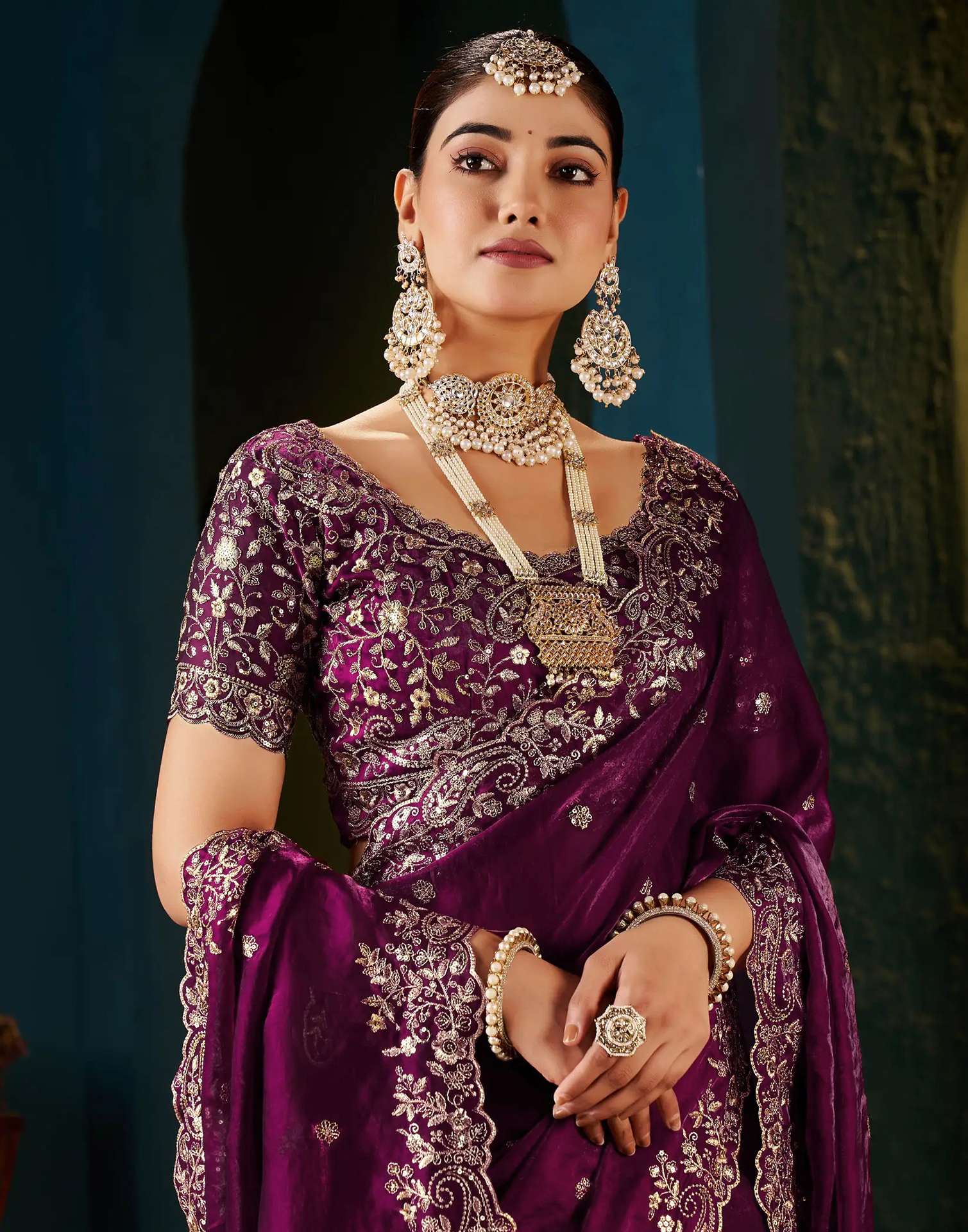 Wine Tissue Satin Sequence Embroidery Saree