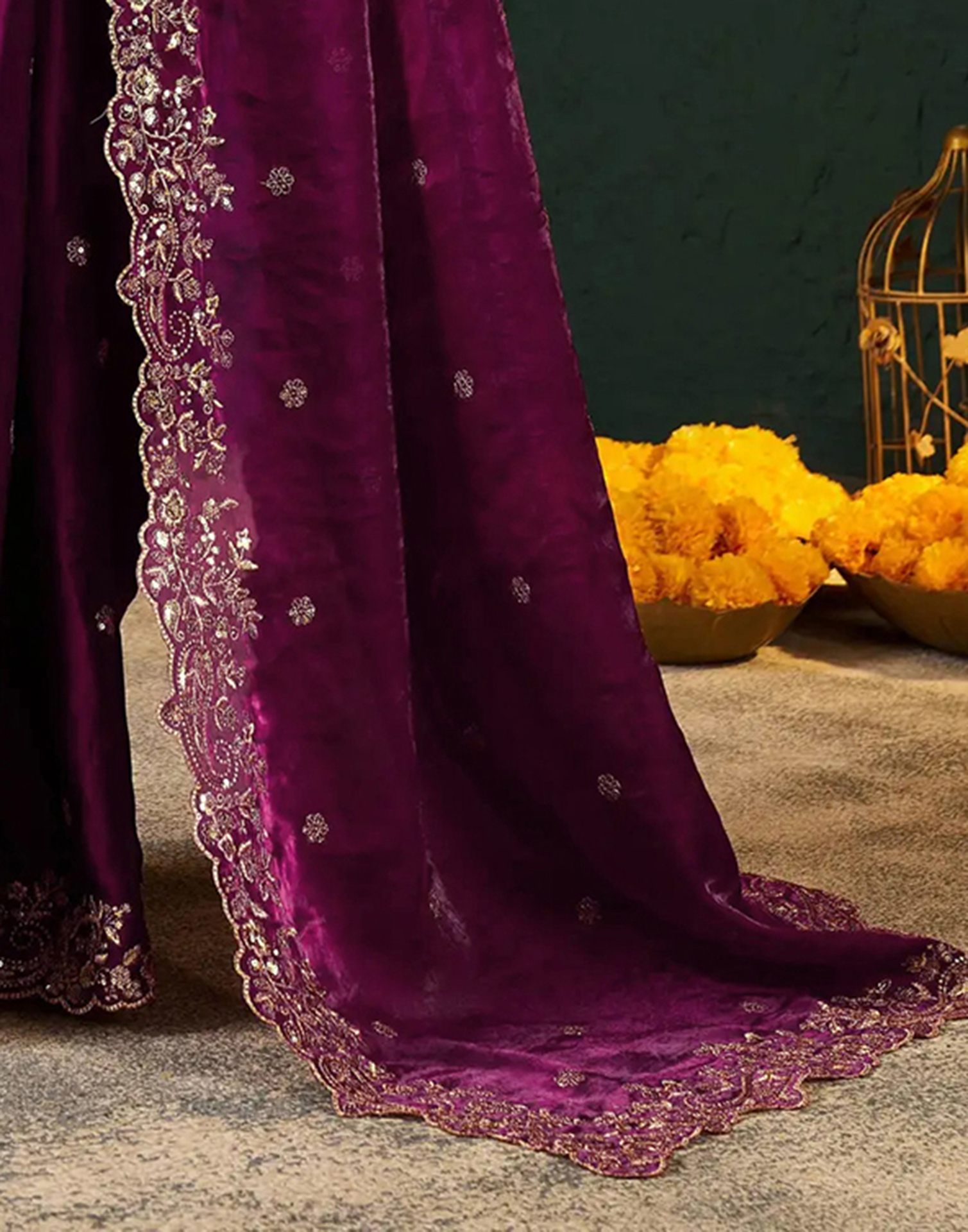 Wine Tissue Satin Sequence Embroidery Saree