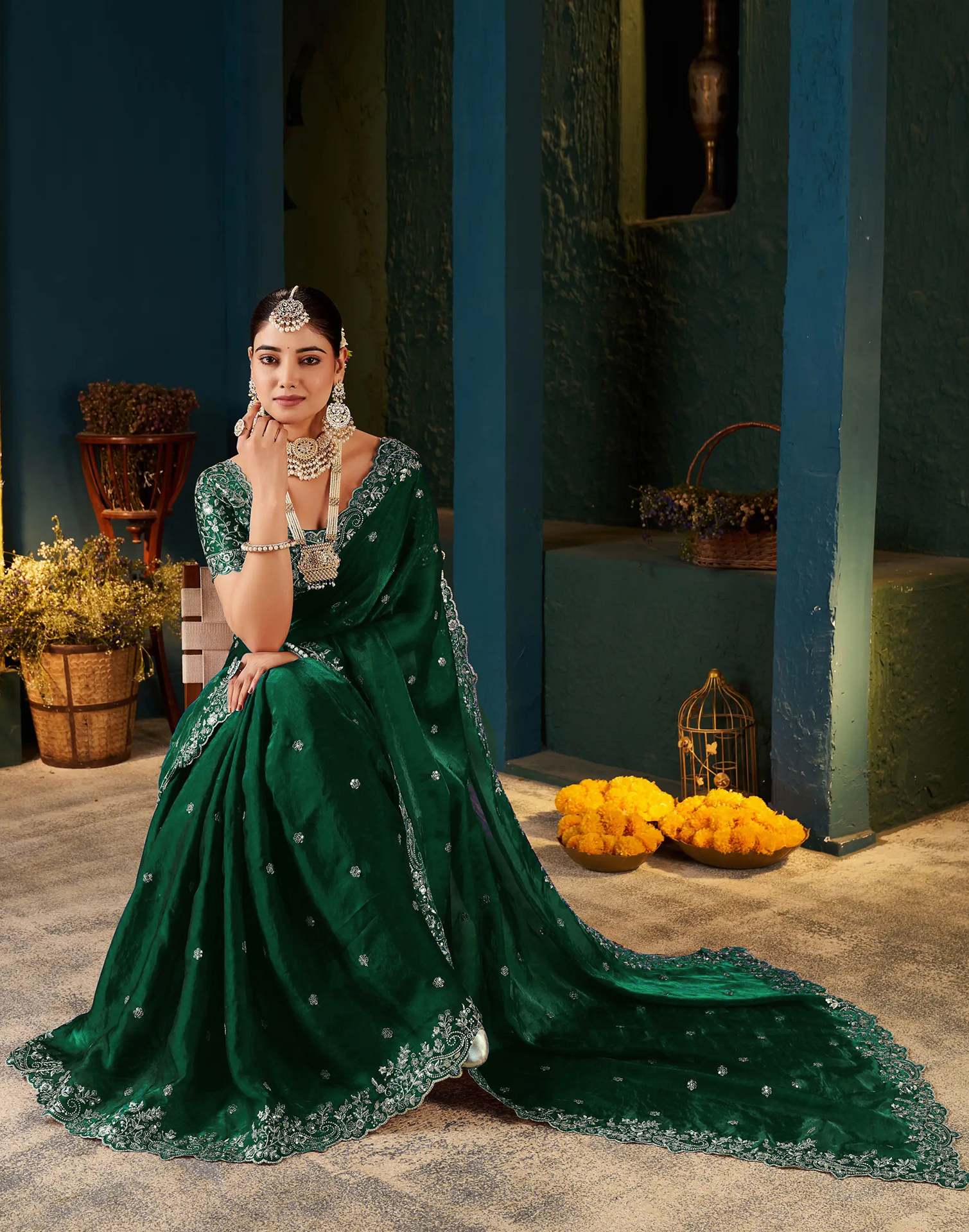 Green Tissue Satin Sequence Embroidery Saree