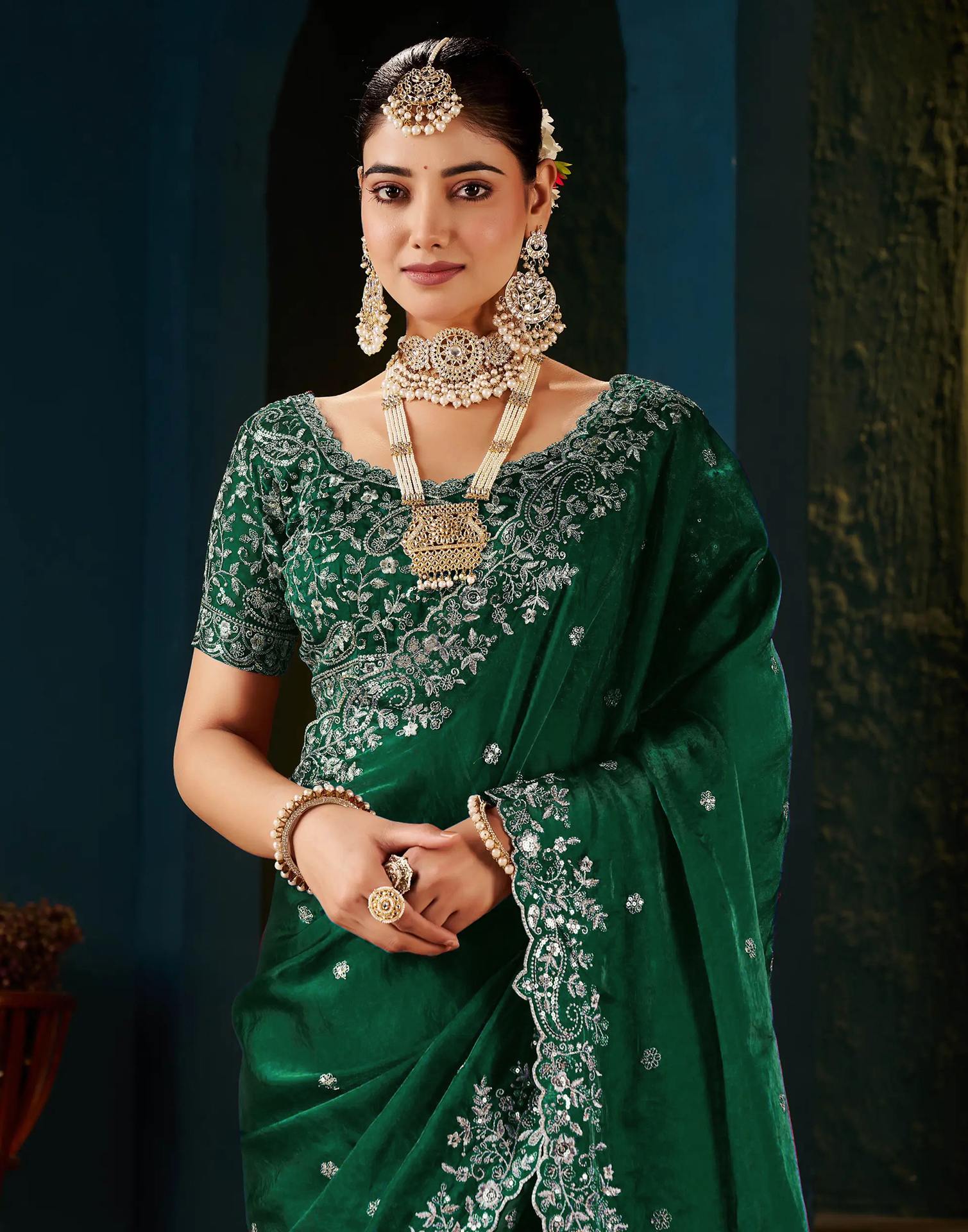Green Tissue Satin Sequence Embroidery Saree