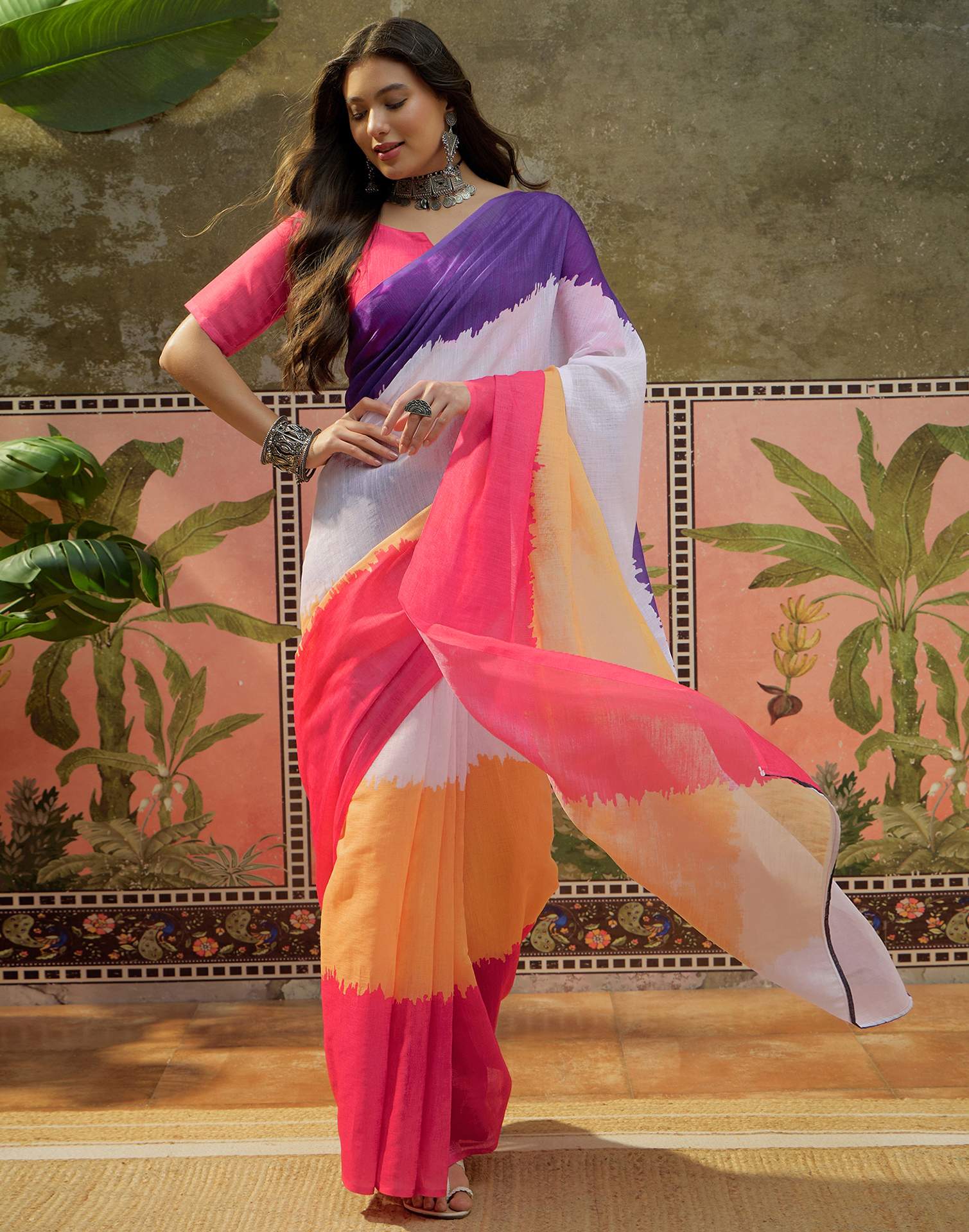 Multicoloured Linen Printed Saree