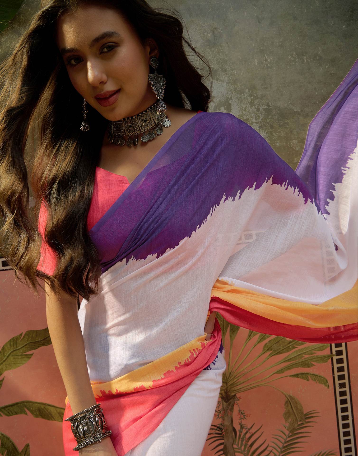 Multicoloured Linen Printed Saree