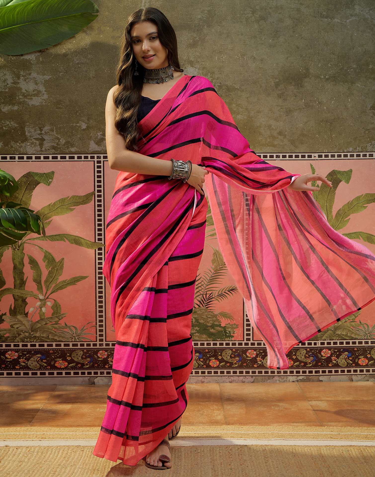 Multicoloured Linen Printed Saree