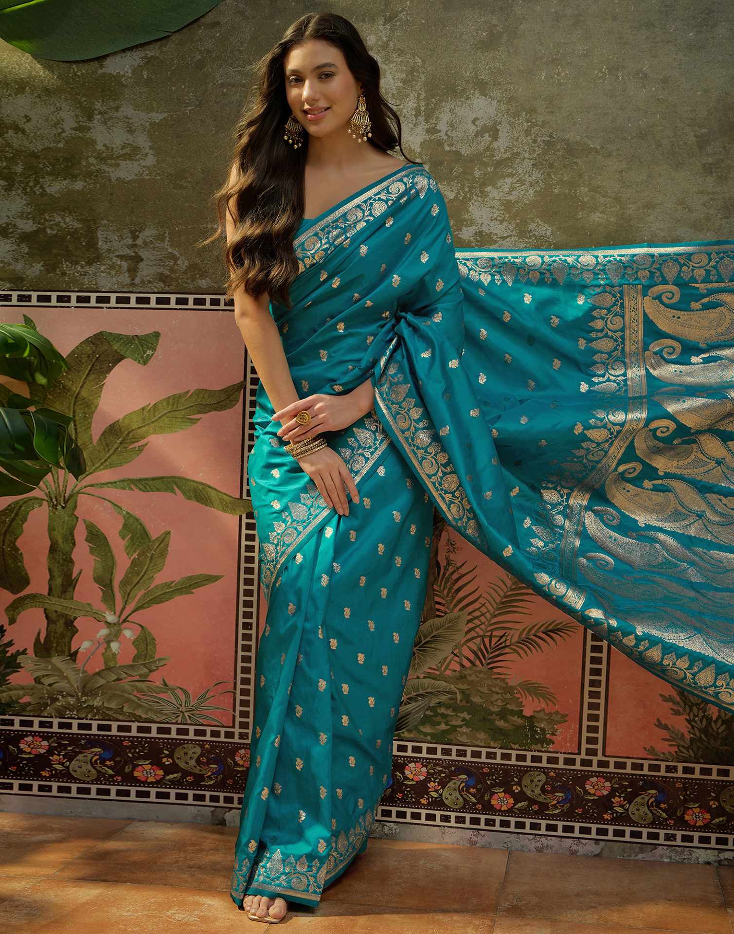 Teal Blue Silk Woven Banarasi Saree