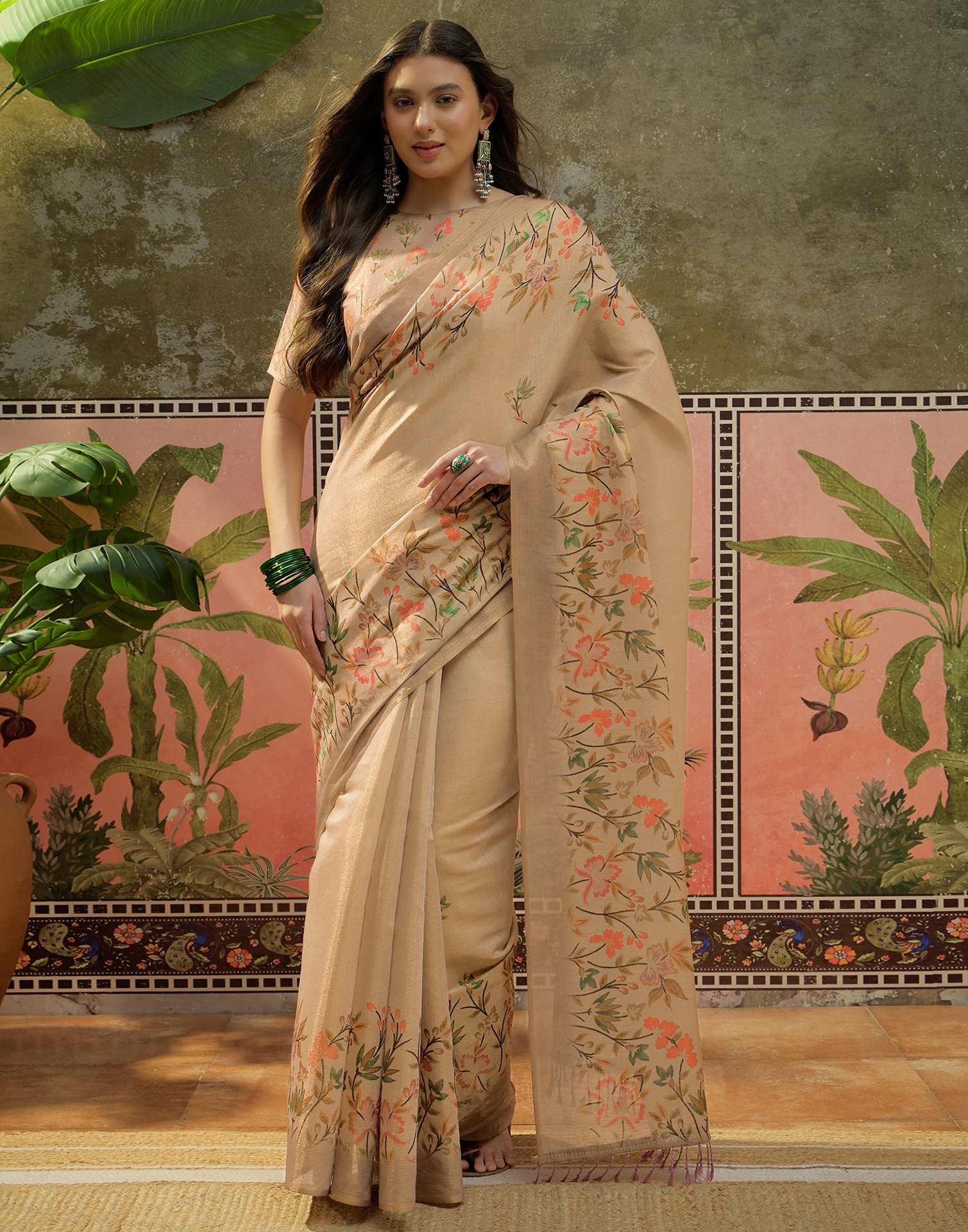 Beige Shimmer Silk Printed Saree