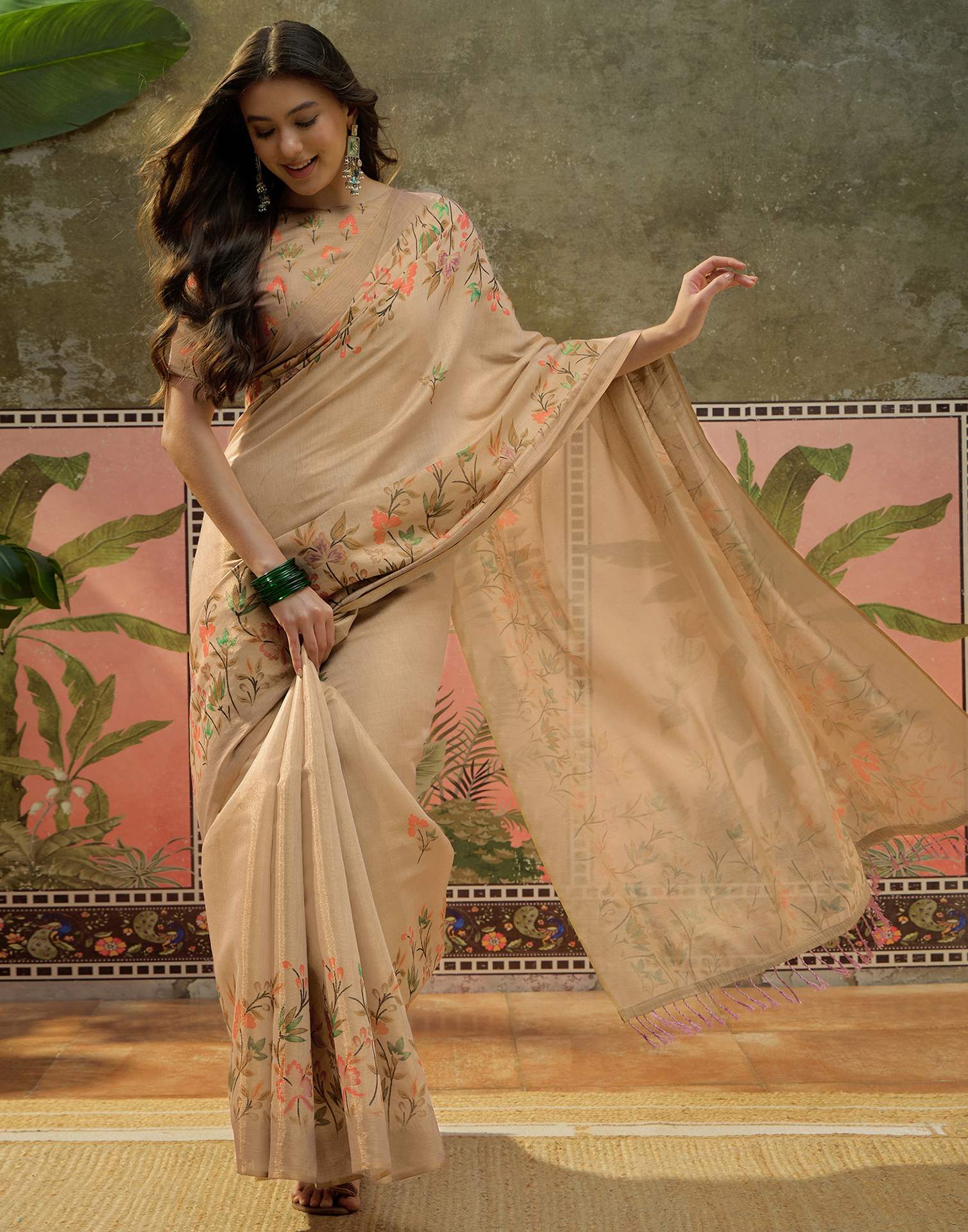 Beige Shimmer Silk Printed Saree