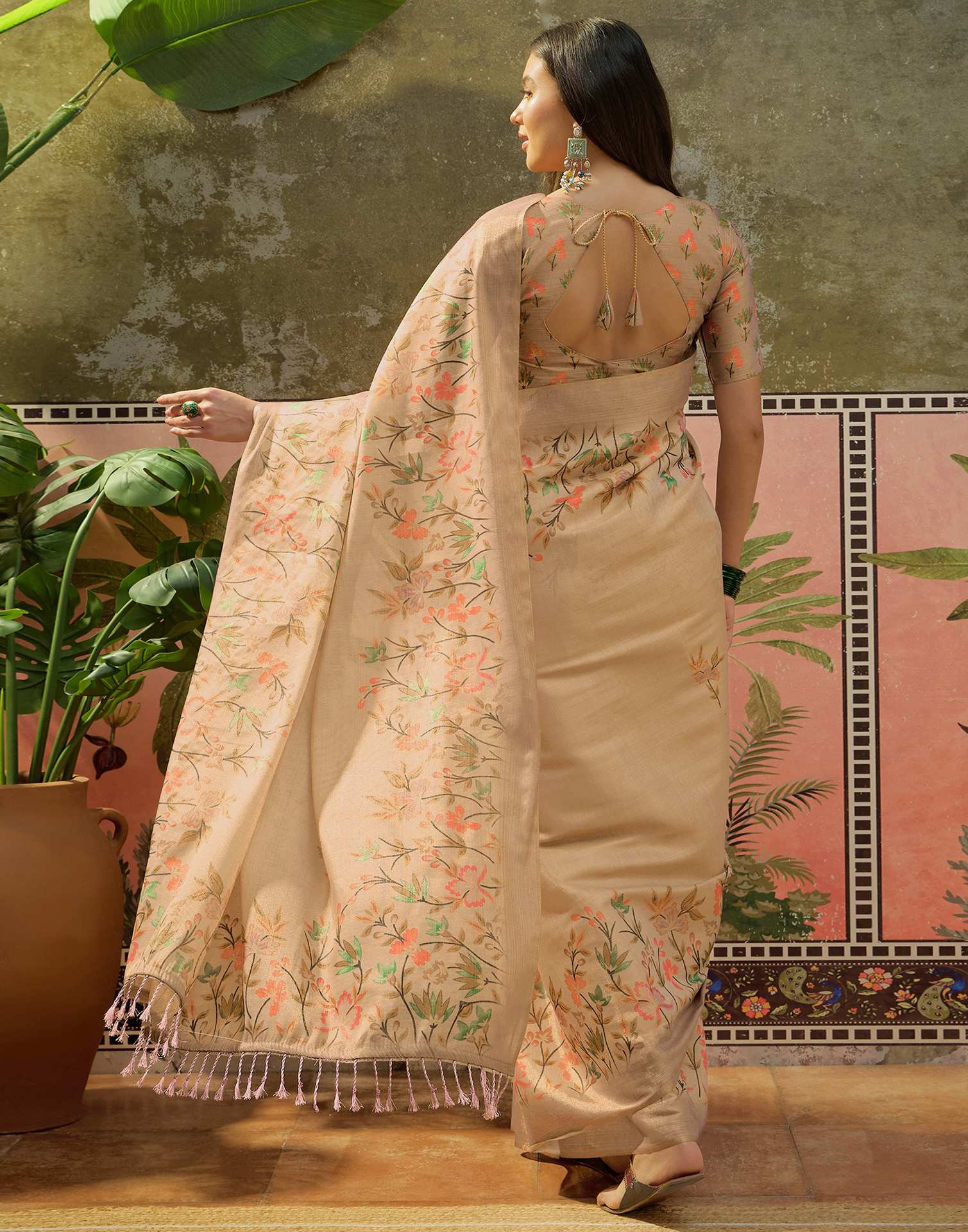 Beige Shimmer Silk Printed Saree