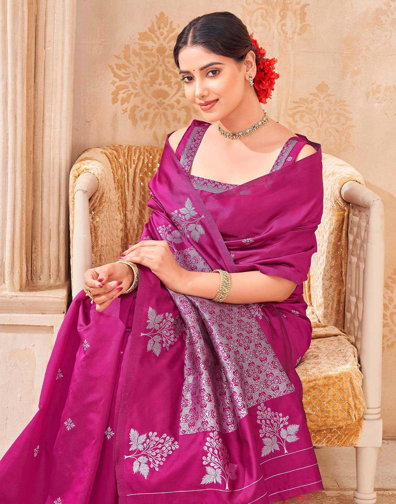 Rani Pink Silk Woven Banarasi Saree