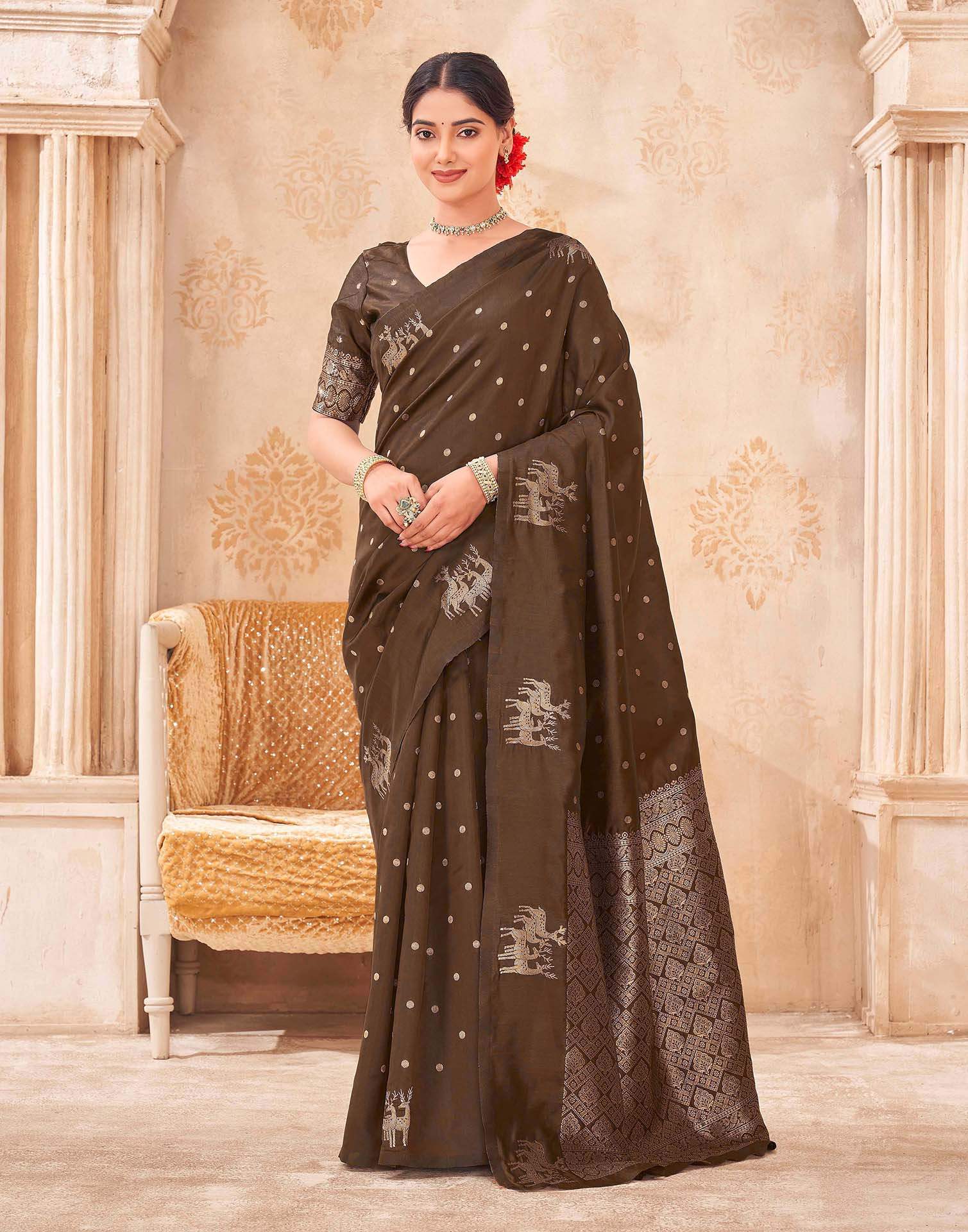 Dark Brown Silk Woven Banarasi Saree