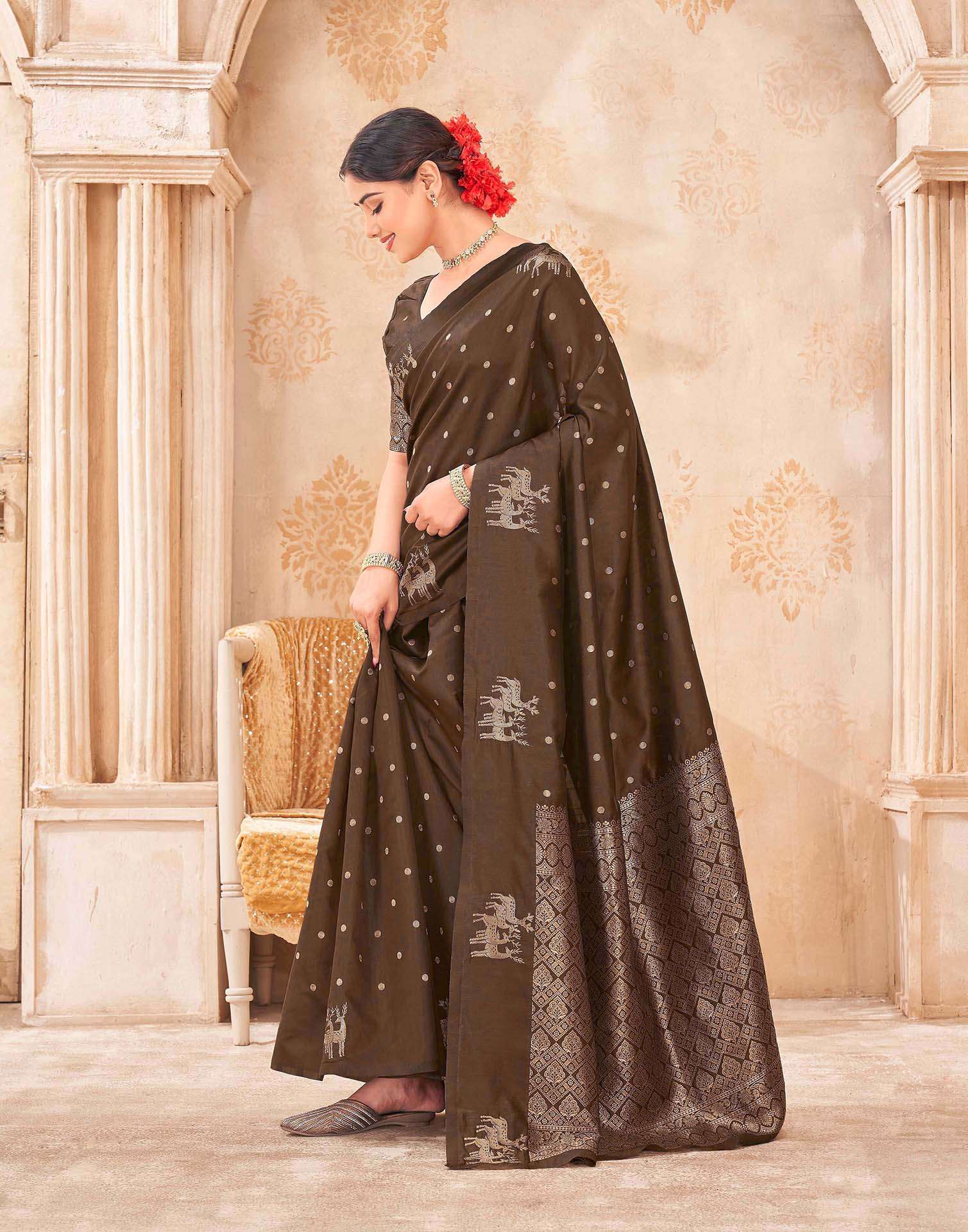 Dark Brown Silk Woven Banarasi Saree