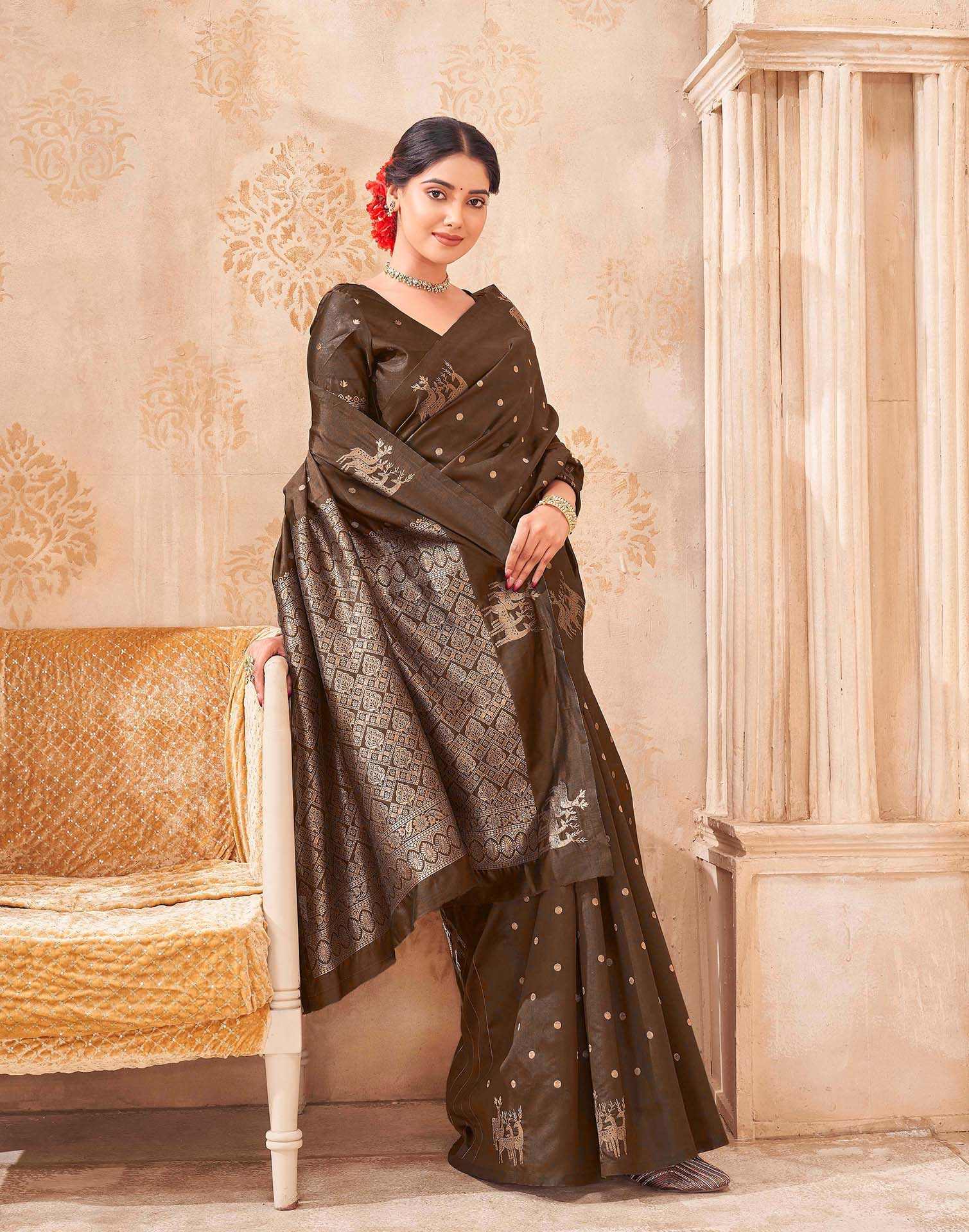 Dark Brown Silk Woven Banarasi Saree