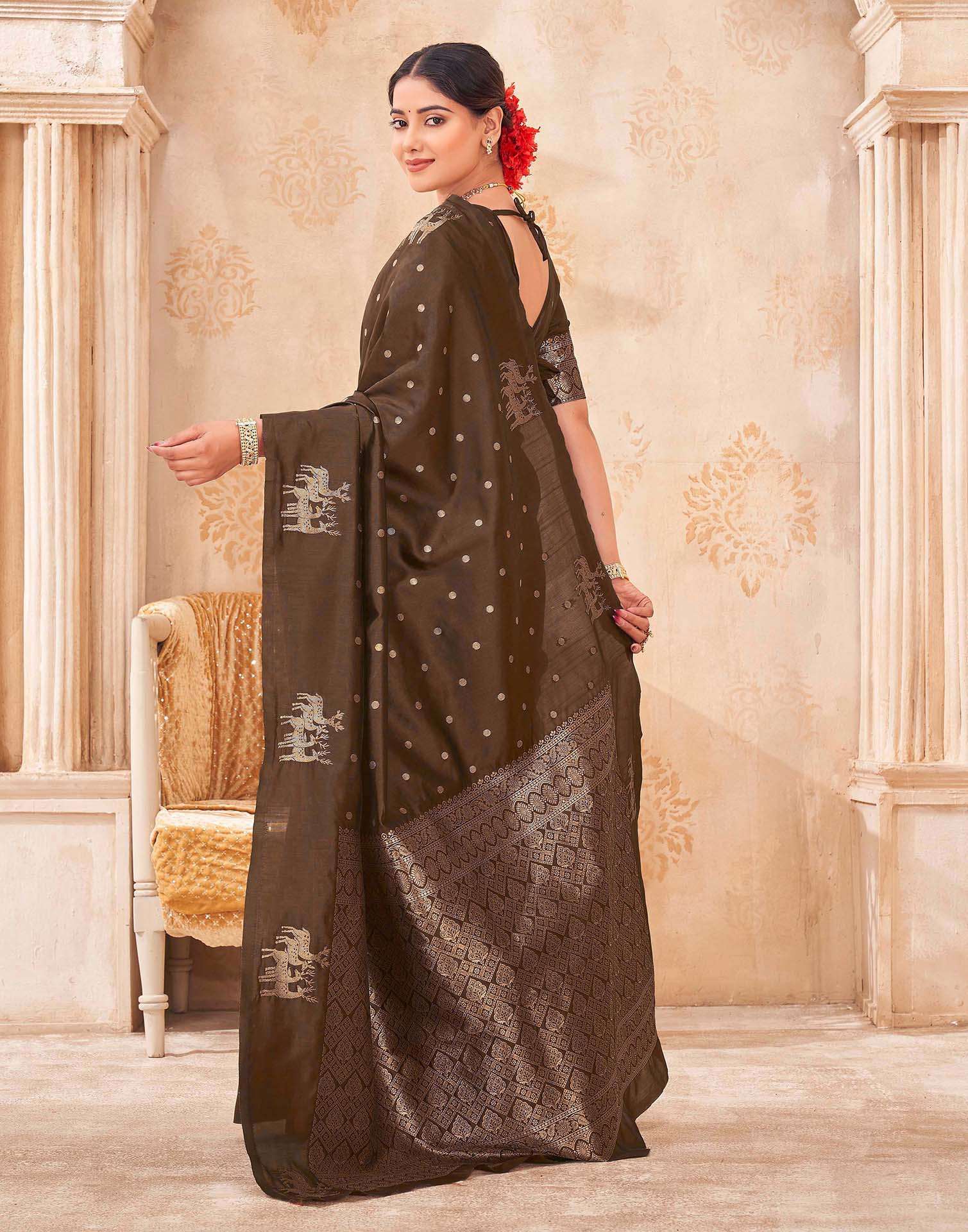 Dark Brown Silk Woven Banarasi Saree