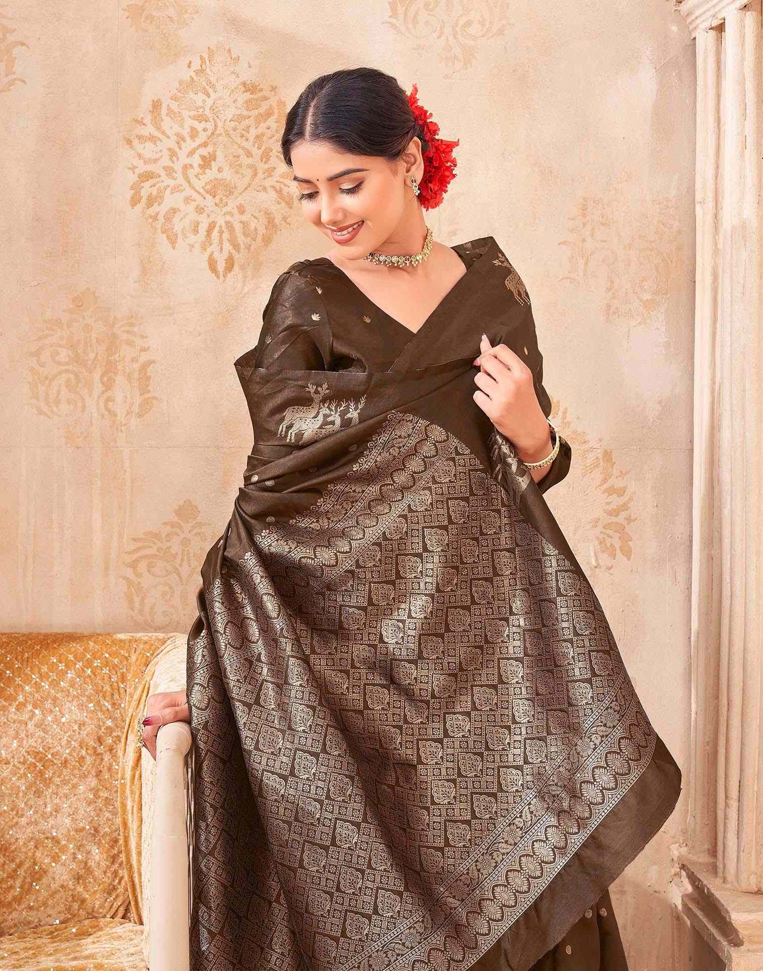 Dark Brown Silk Woven Banarasi Saree