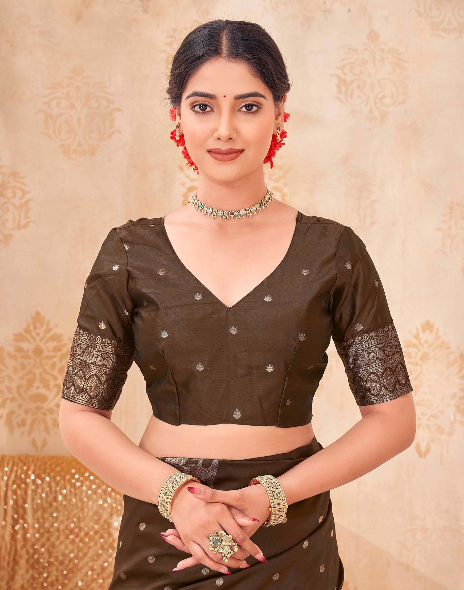 Dark Brown Silk Woven Banarasi Saree