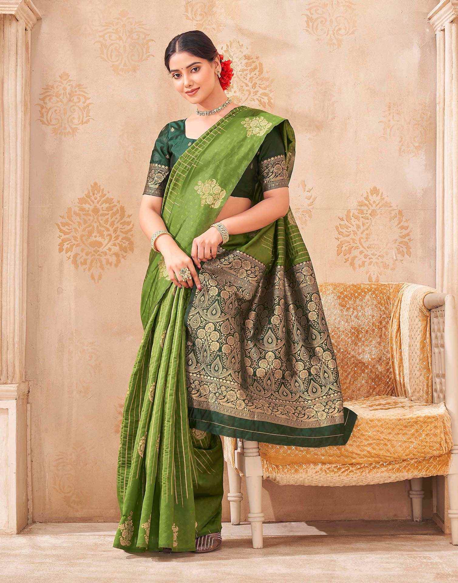 Mehandi Green Silk Woven Banarasi Saree