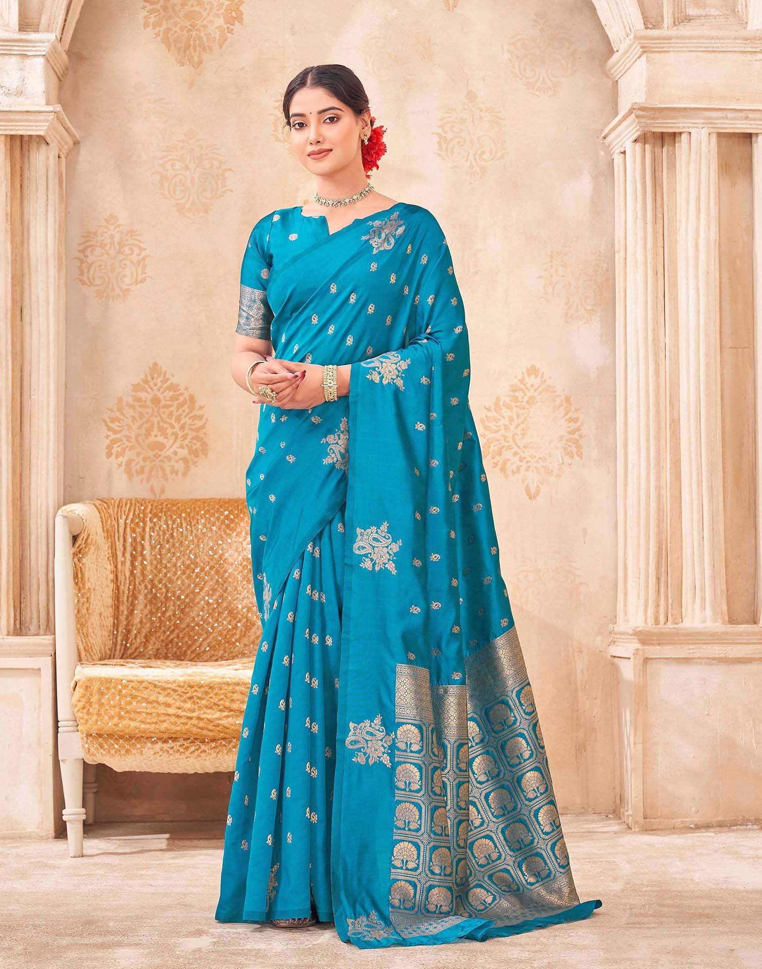 Teal Blue Silk Woven Banarasi Saree