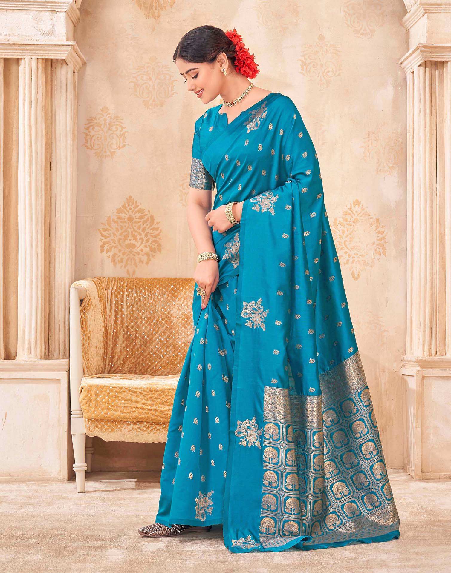 Teal Blue Silk Woven Banarasi Saree