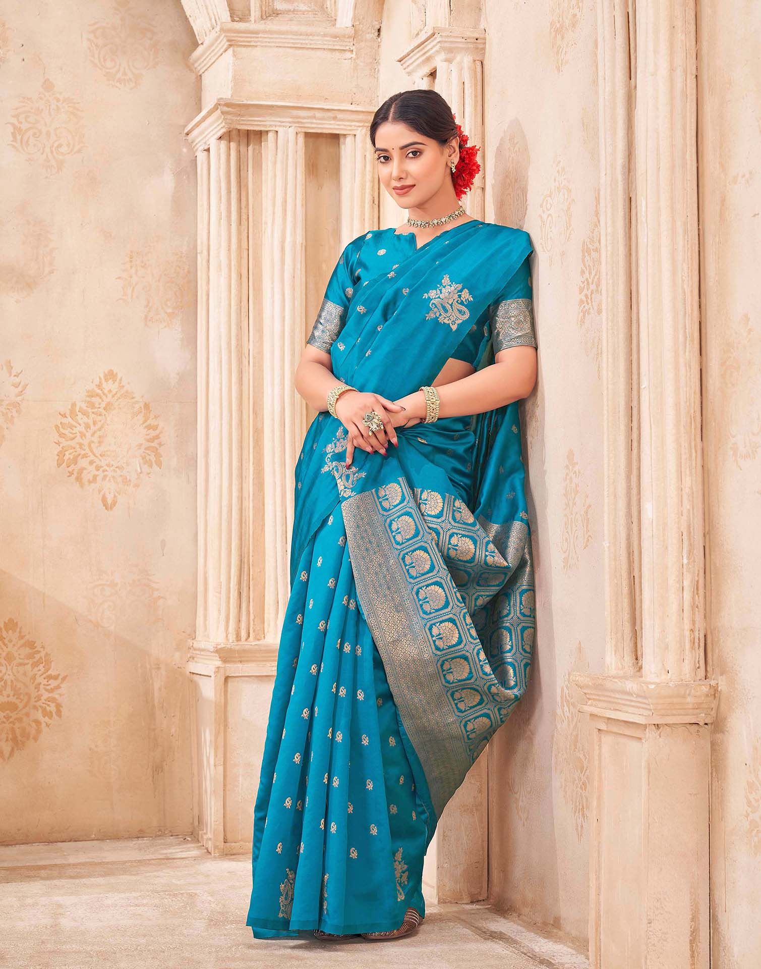Teal Blue Silk Woven Banarasi Saree