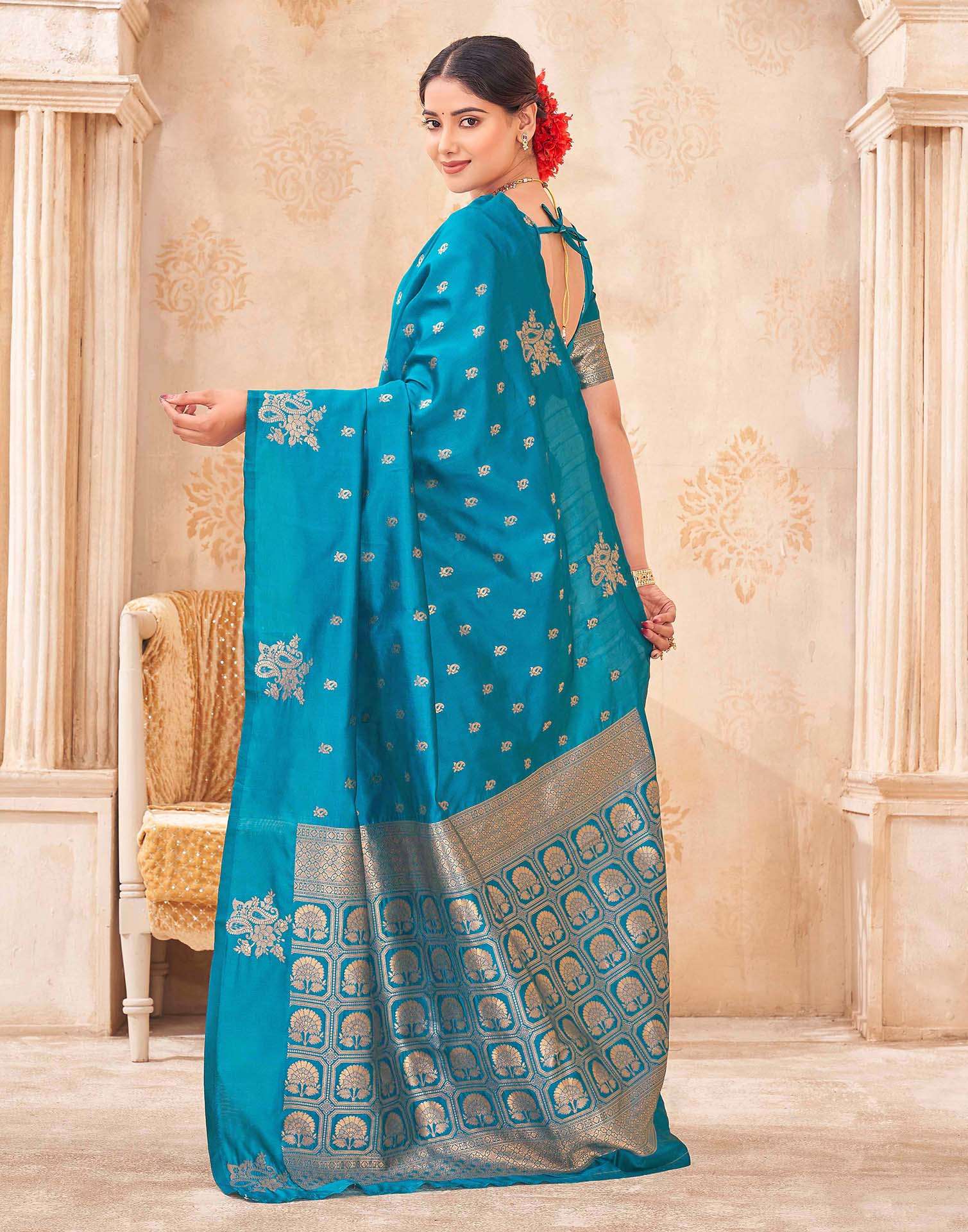 Teal Blue Silk Woven Banarasi Saree