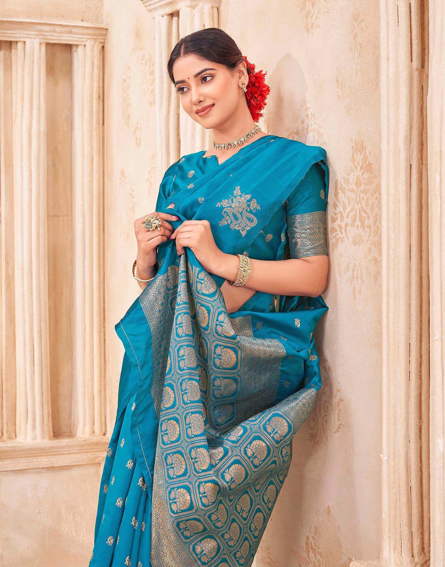 Teal Blue Silk Woven Banarasi Saree