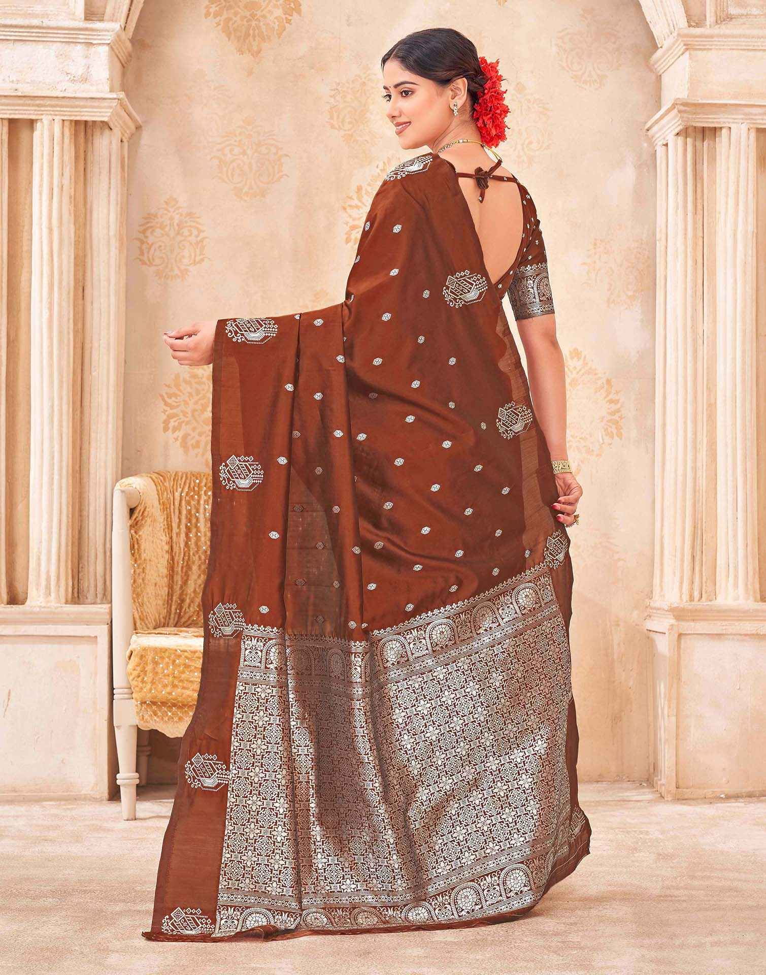 Rust Silk Woven Banarasi Saree