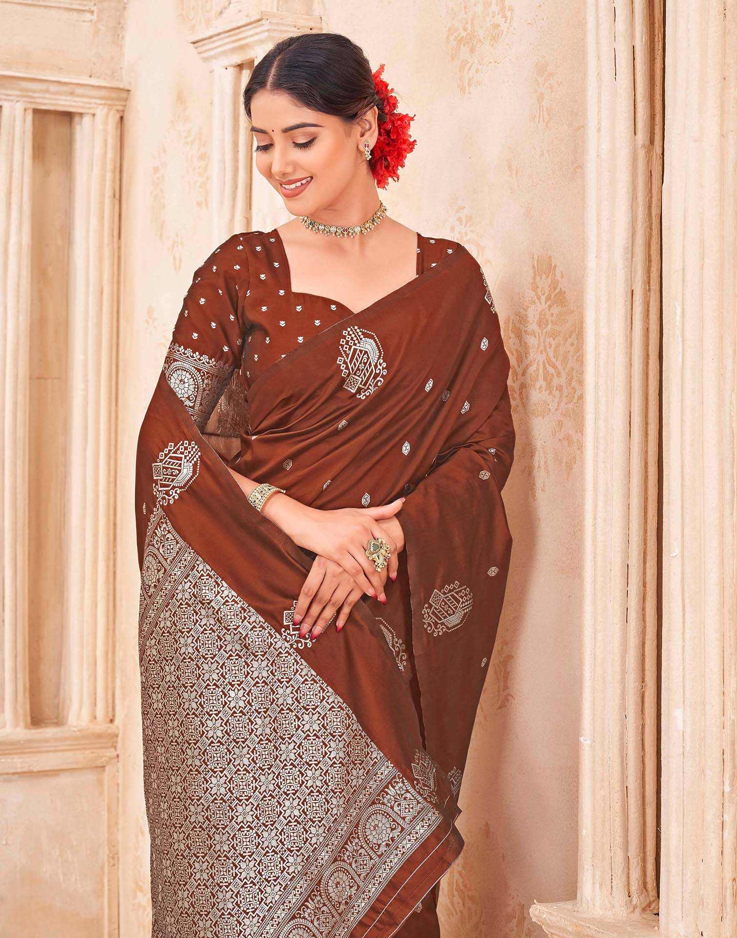 Rust Silk Woven Banarasi Saree