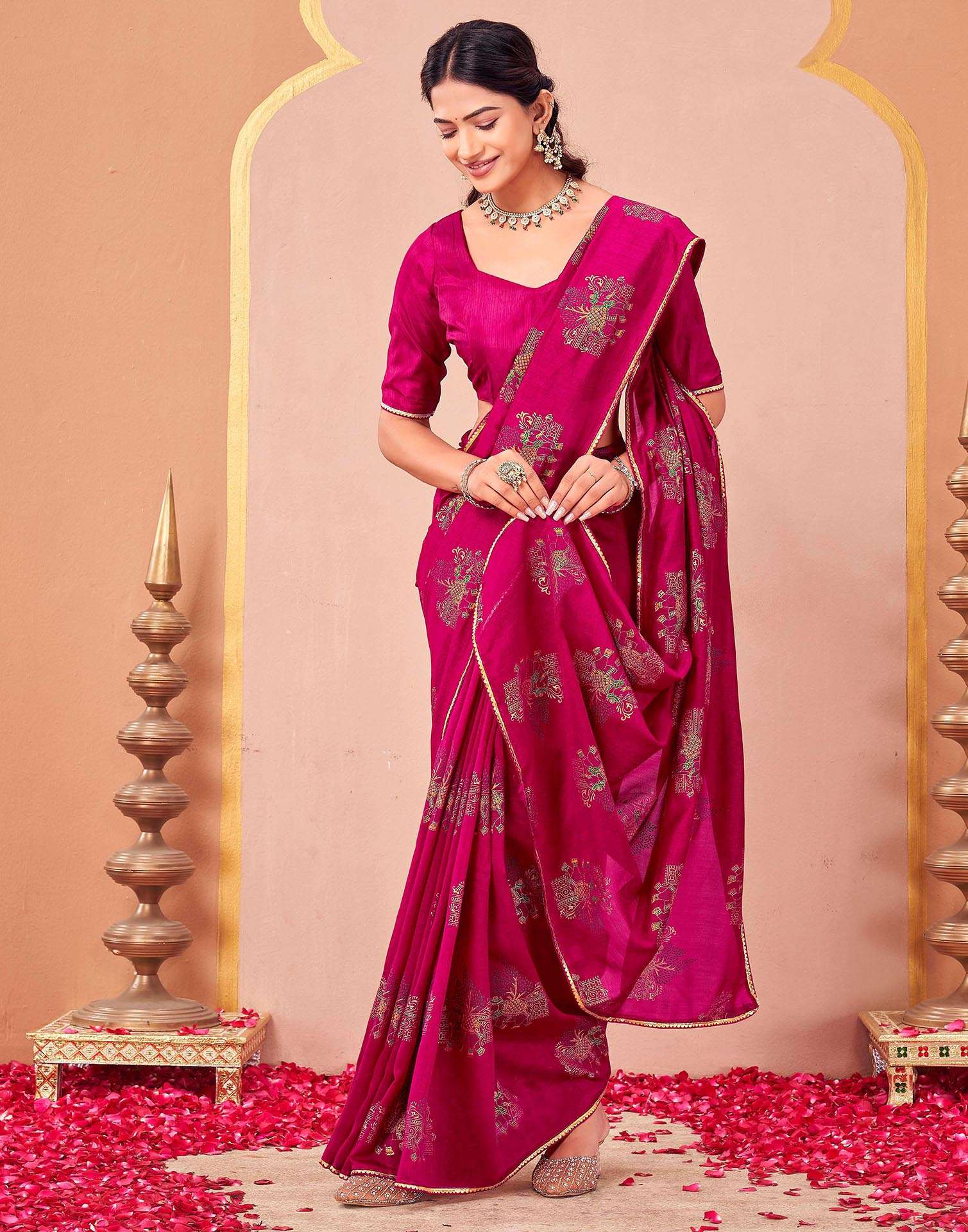 Rani Pink Vichitra Silk Foil Printed Saree