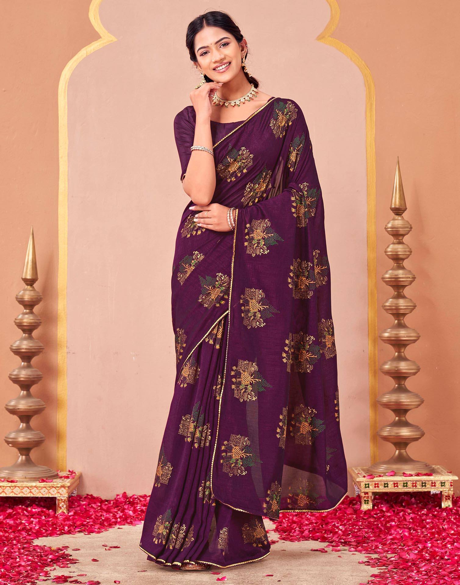 Wine Vichitra Silk Foil Printed Saree
