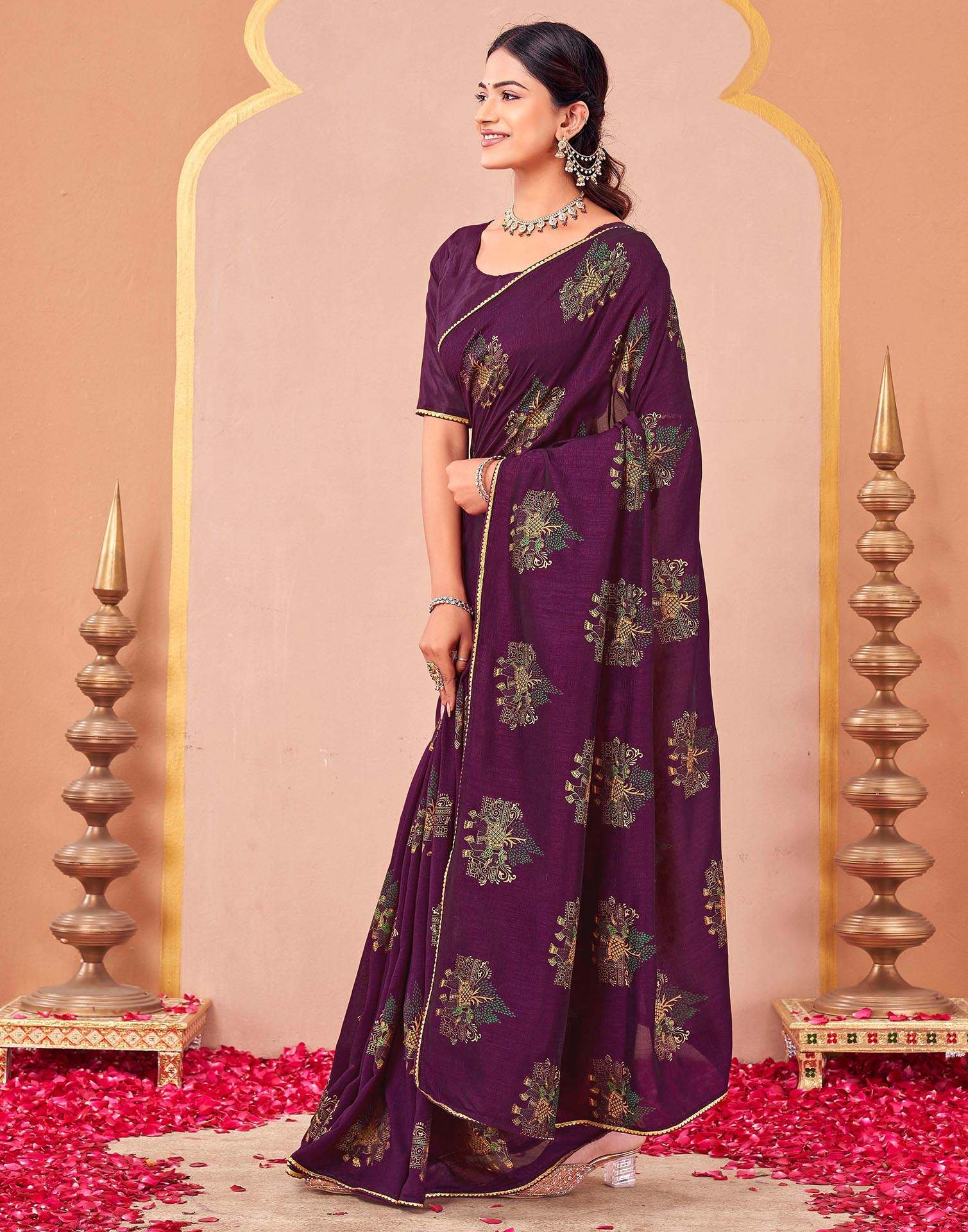 Wine Vichitra Silk Foil Printed Saree