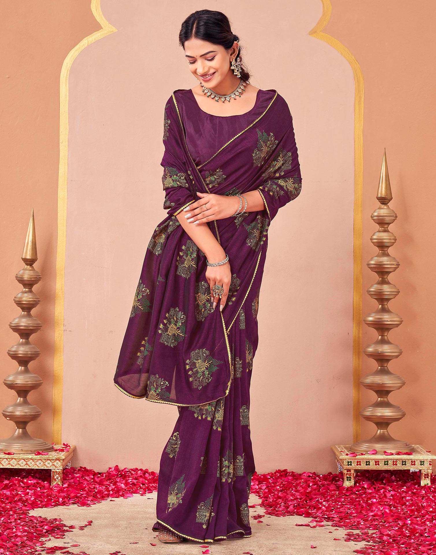 Wine Vichitra Silk Foil Printed Saree