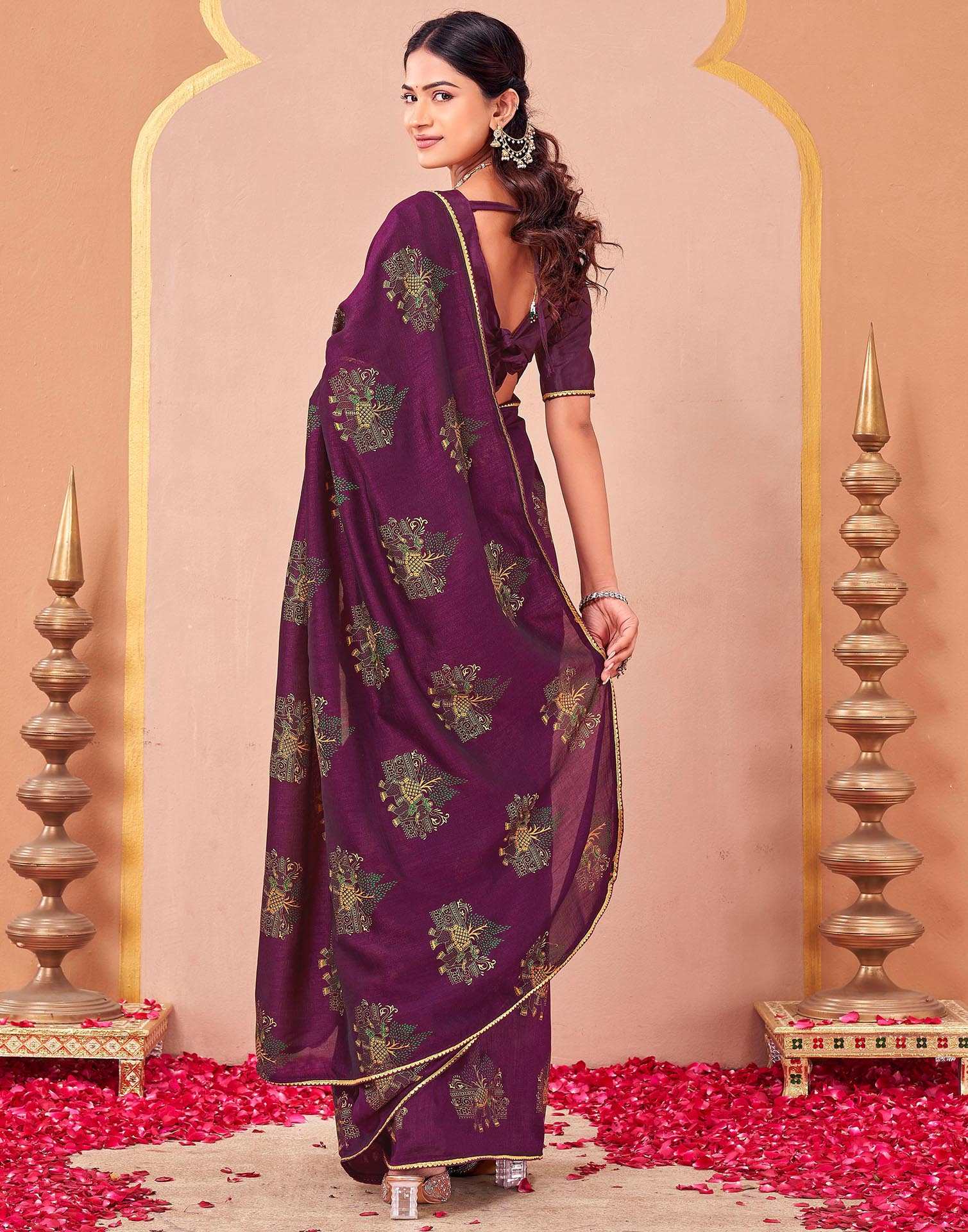 Wine Vichitra Silk Foil Printed Saree