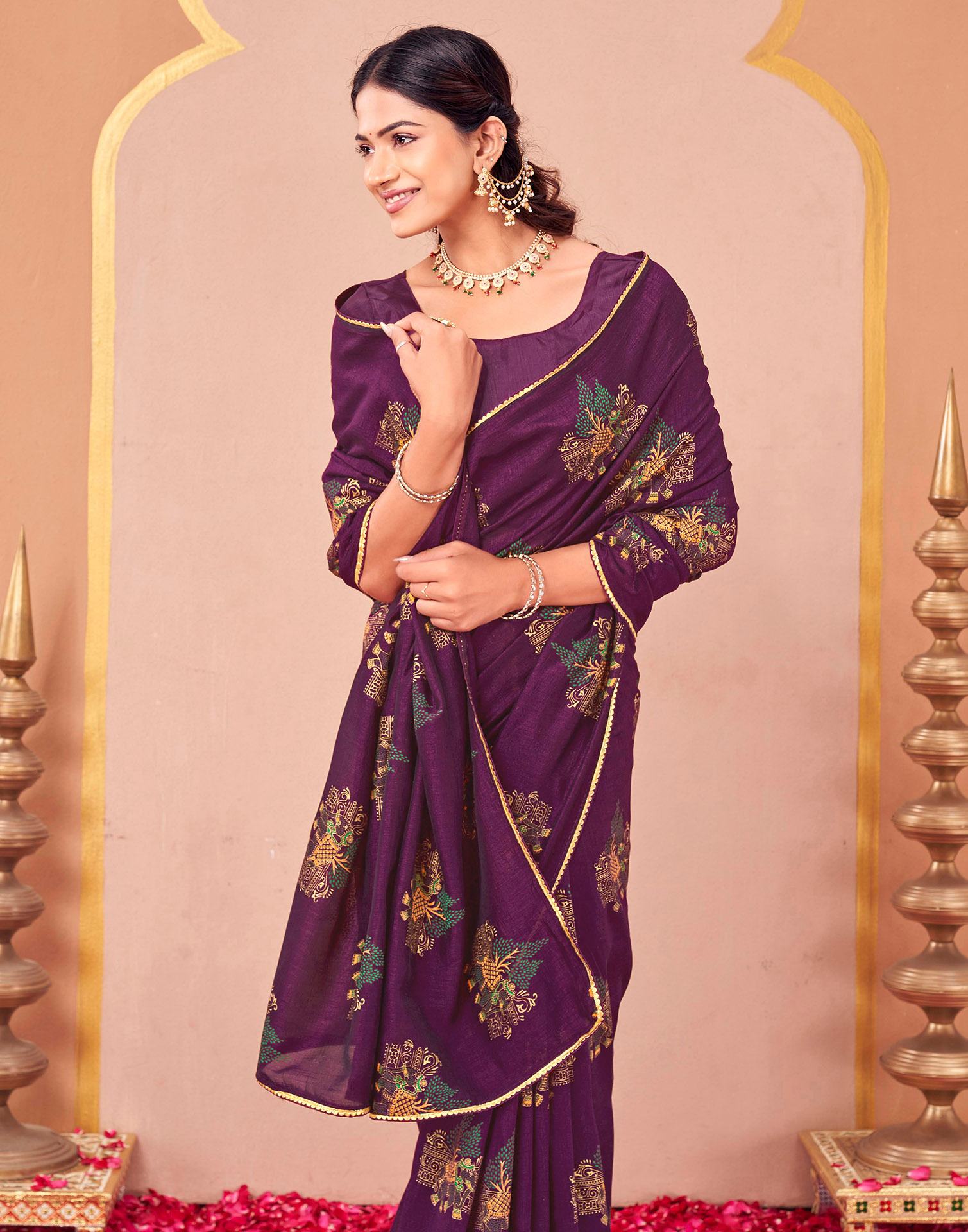 Wine Vichitra Silk Foil Printed Saree