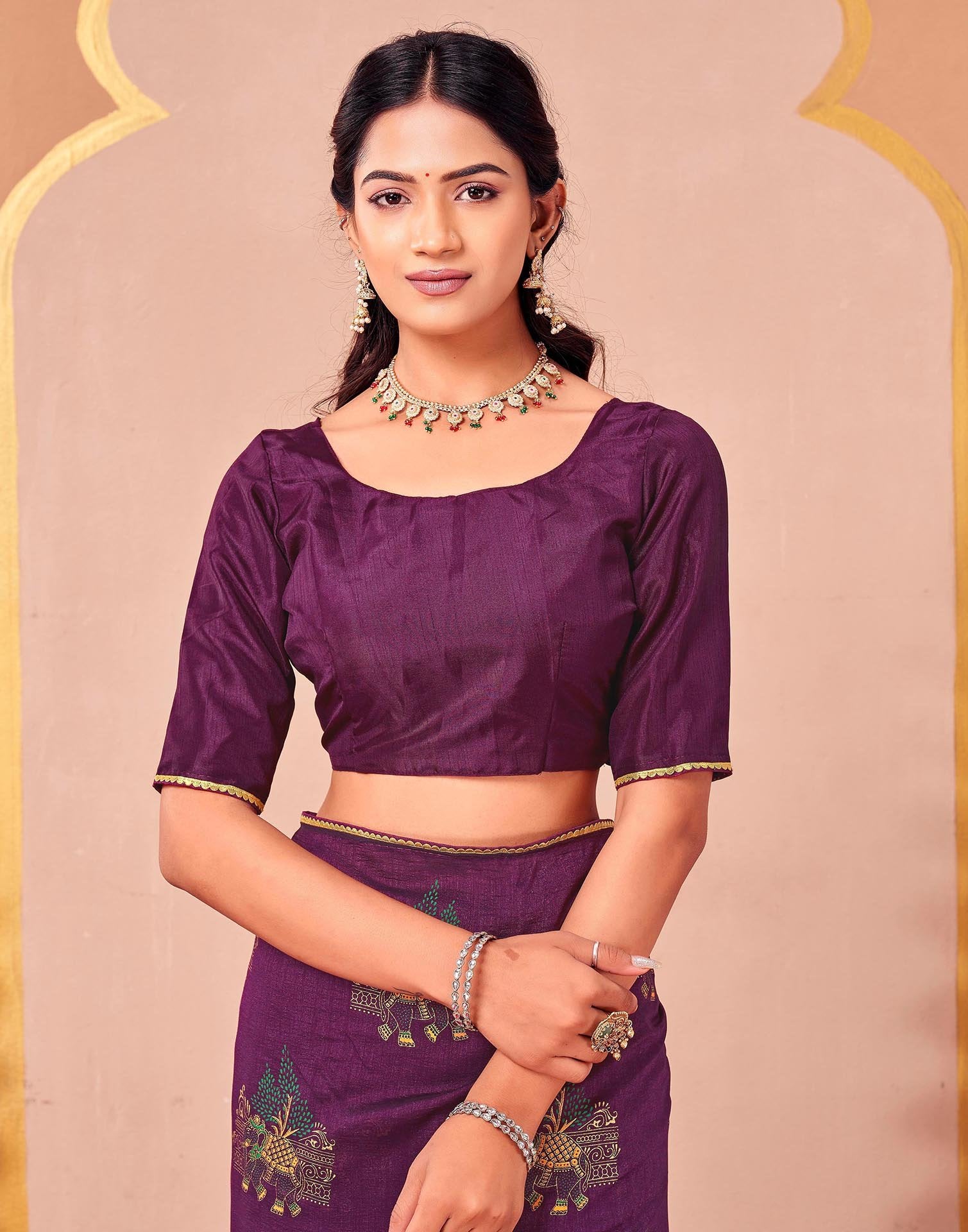 Wine Vichitra Silk Foil Printed Saree